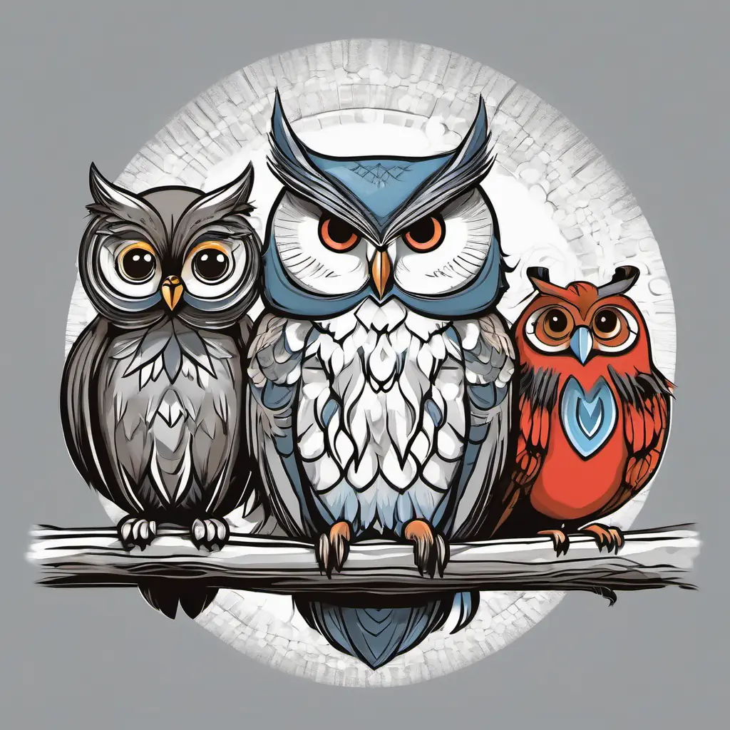A little fairy with golden hair and blue wings and A talking squirrel with brown fur and a fluffy tail meeting A wise old owl with big round eyes and brown-gray feathers, a wise old owl with big round eyes and brown-gray feathers.