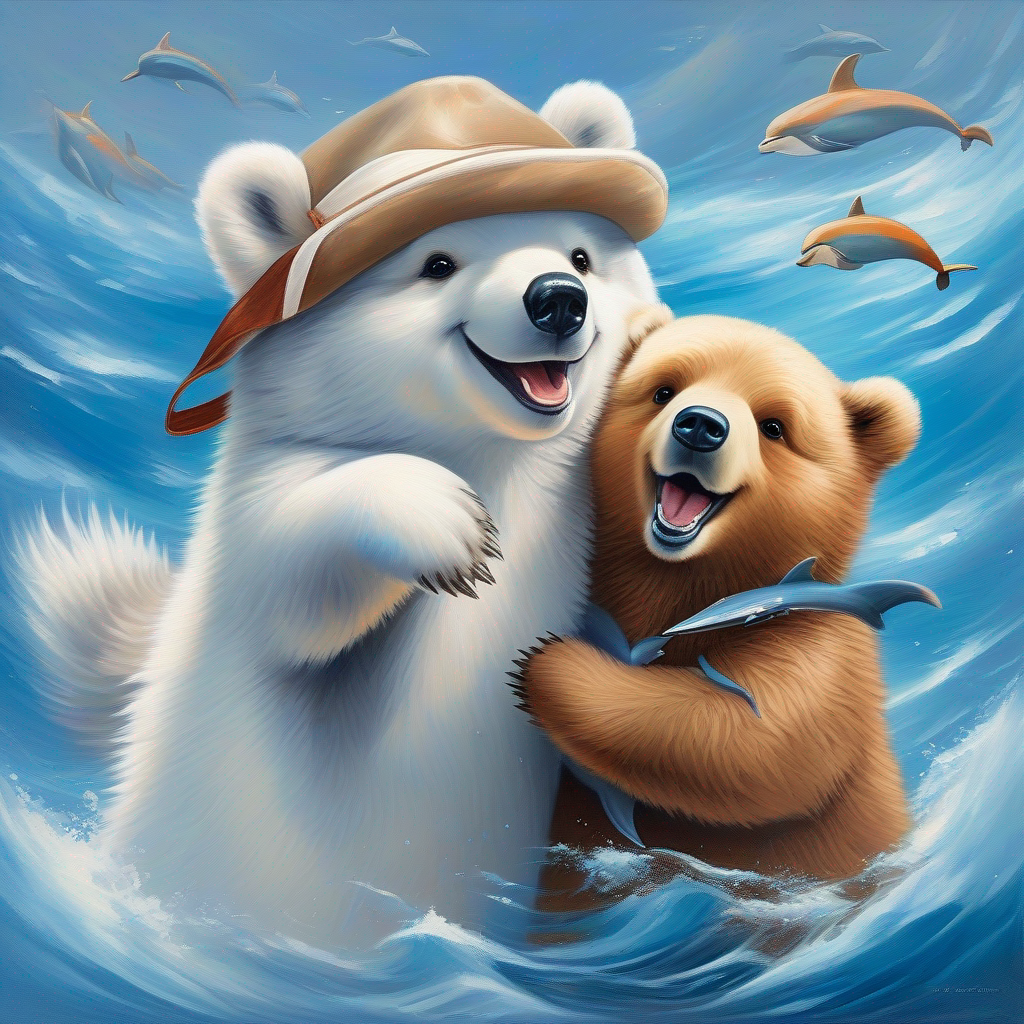 Dolphins and Bear: brown fur, friendly smile, sailor hat; colors: brown, white, blue playing, colors: blue, gray, white; joyful Bear