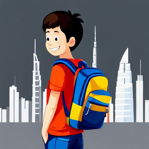 A happy boy with dark hair and a backpack in front of the Dubai skyline