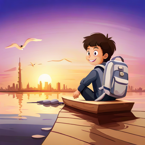 A happy boy with dark hair and a backpack sailing on a wooden boat on Dubai Creek