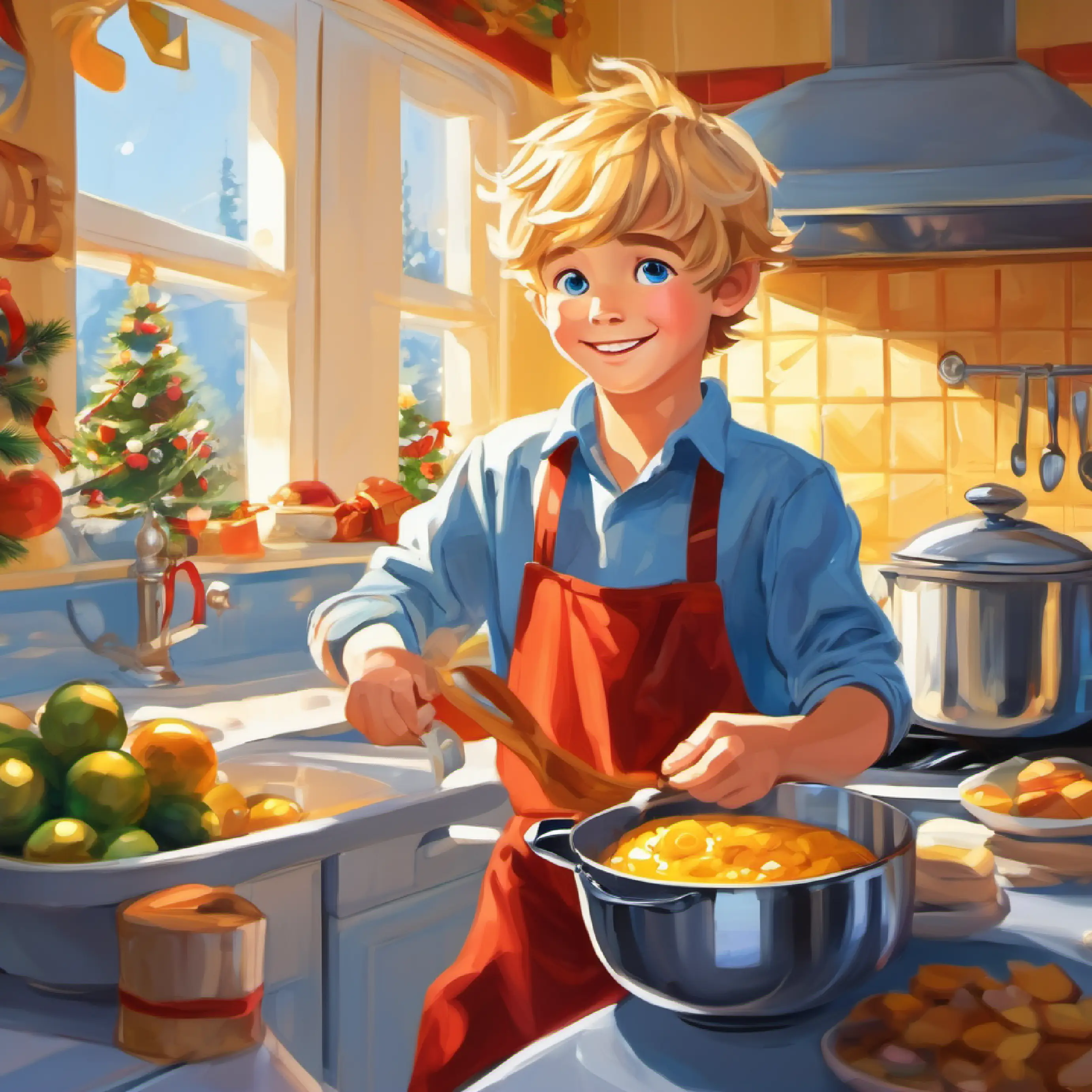 Morning routine, Bright-eyed, golden-haired boy, blue eyes, joyful helping in kitchen, bright setting.