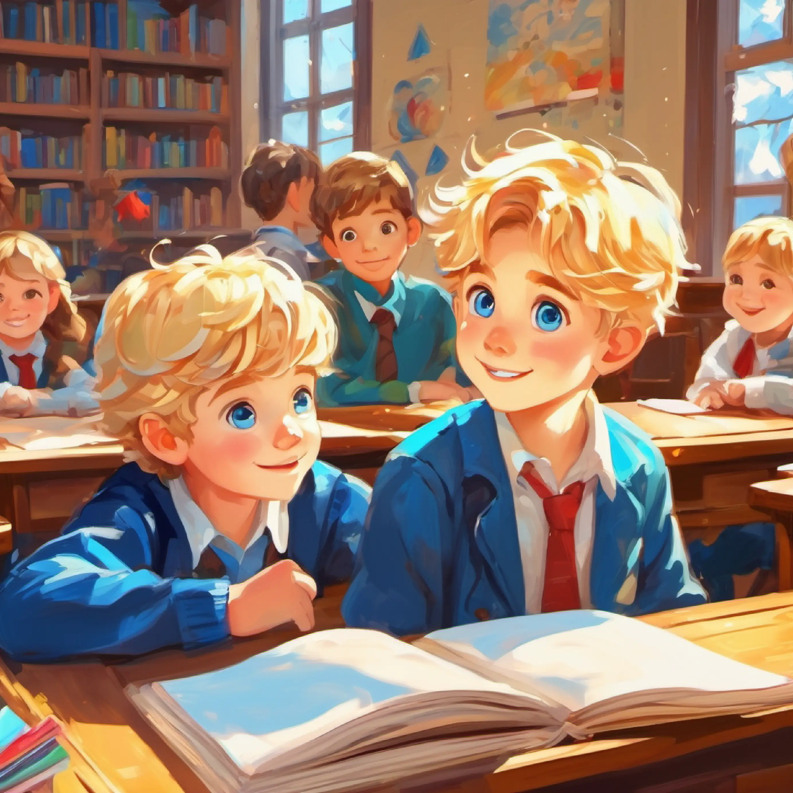 In the classroom, Bright-eyed, golden-haired boy, blue eyes, joyful is attentive and sharing.