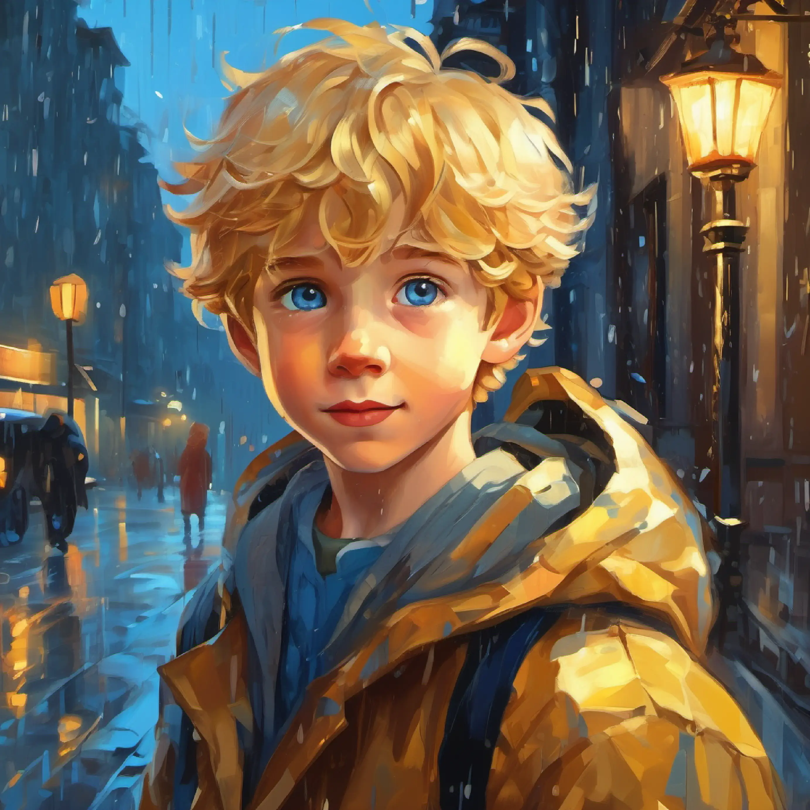 Rainy day, Bright-eyed, golden-haired boy, blue eyes, joyful is uncomfortable and damp, mood shifts.