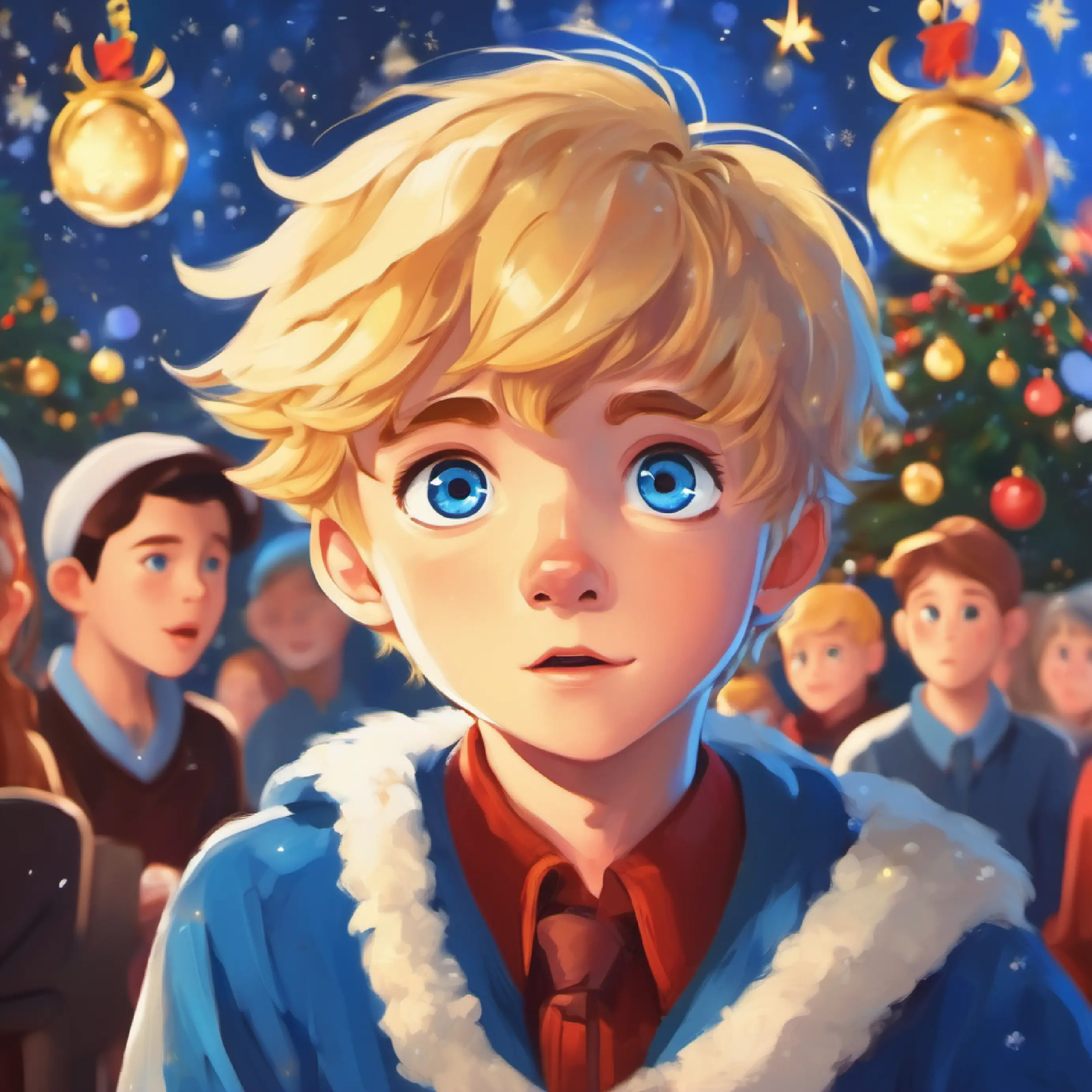 Bright-eyed, golden-haired boy, blue eyes, joyful refusing to share, classmates confused, tension.