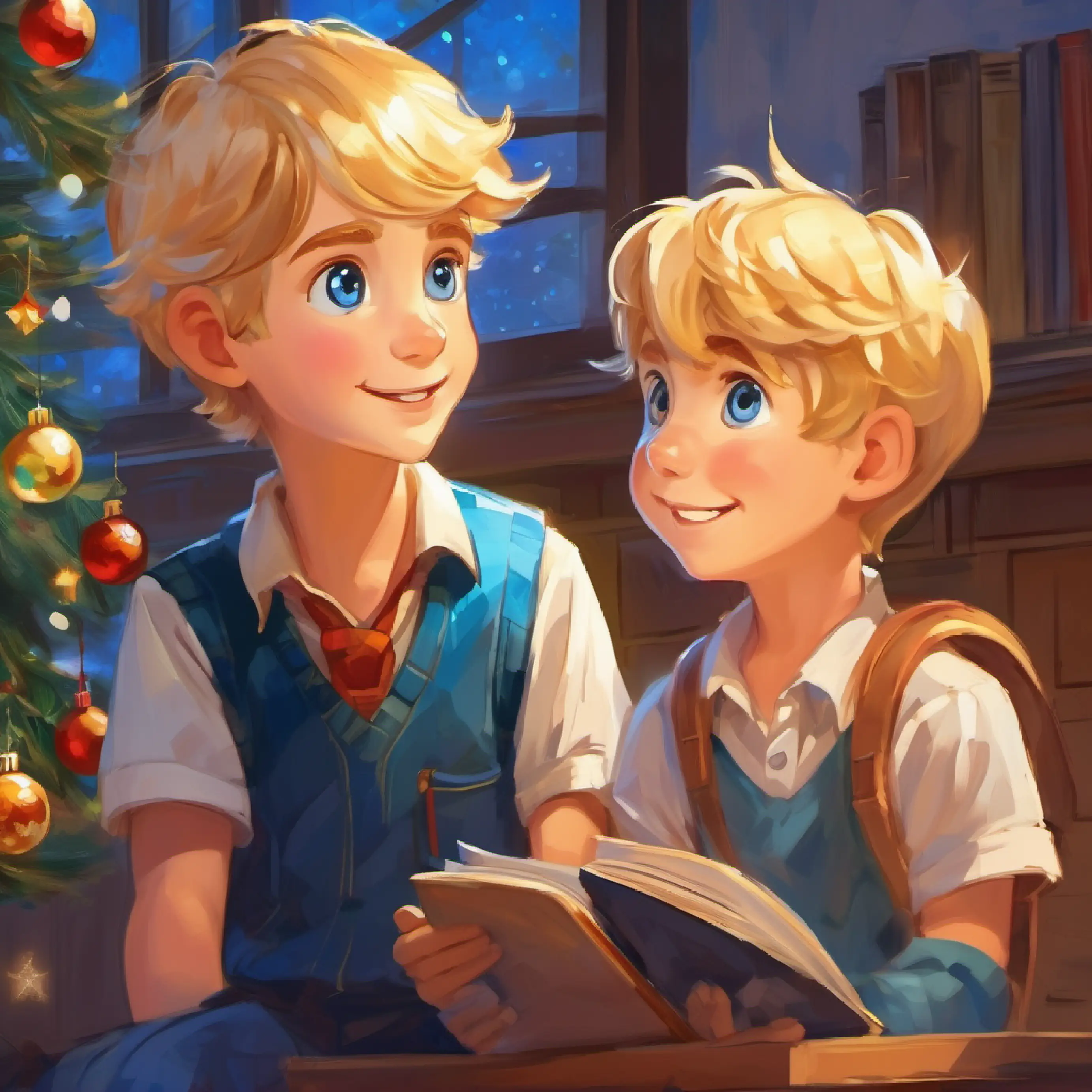 Bright-eyed, golden-haired boy, blue eyes, joyful confides in teacher, solution-oriented dialogue.