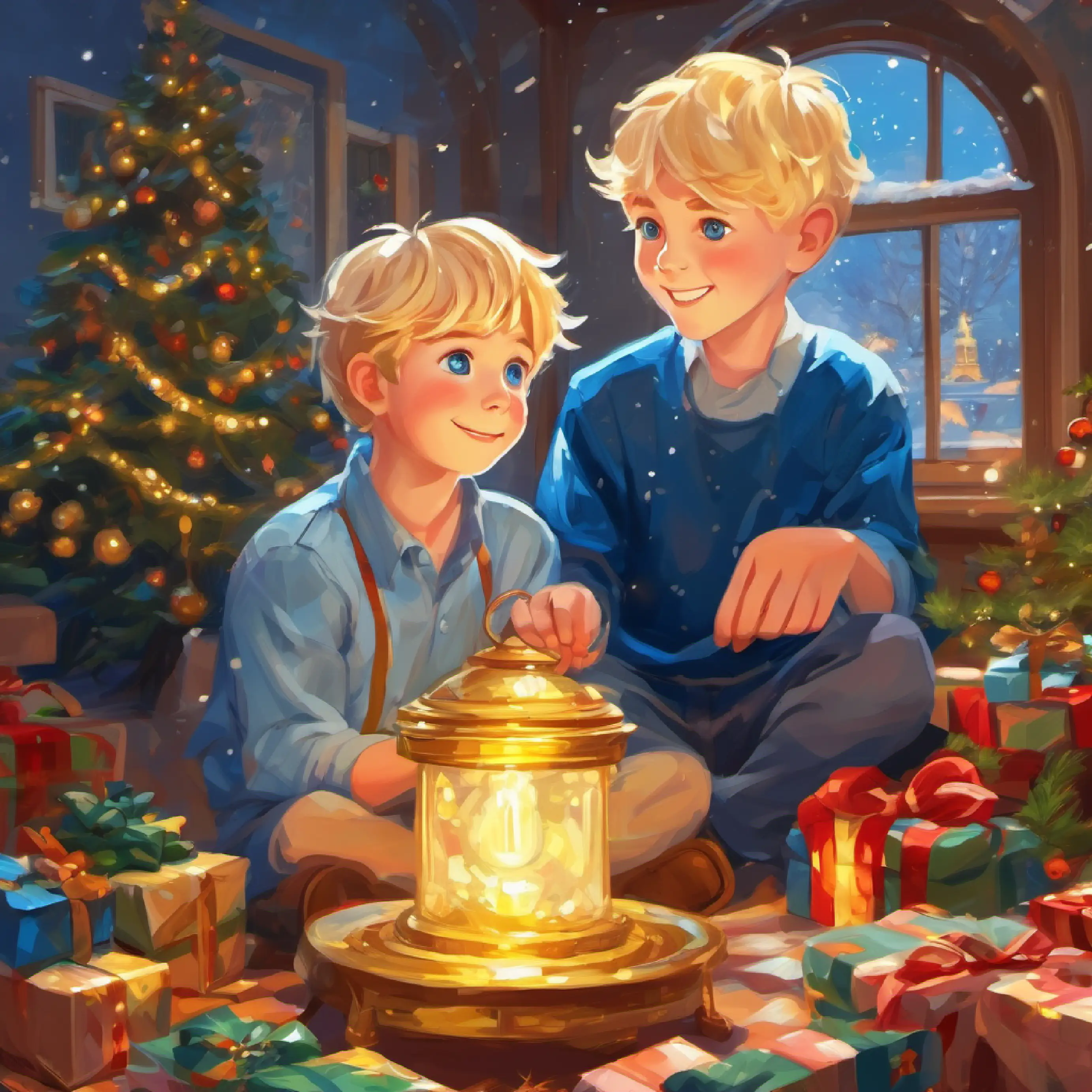 Resolution beginning, Bright-eyed, golden-haired boy, blue eyes, joyful apologizing and sharing.