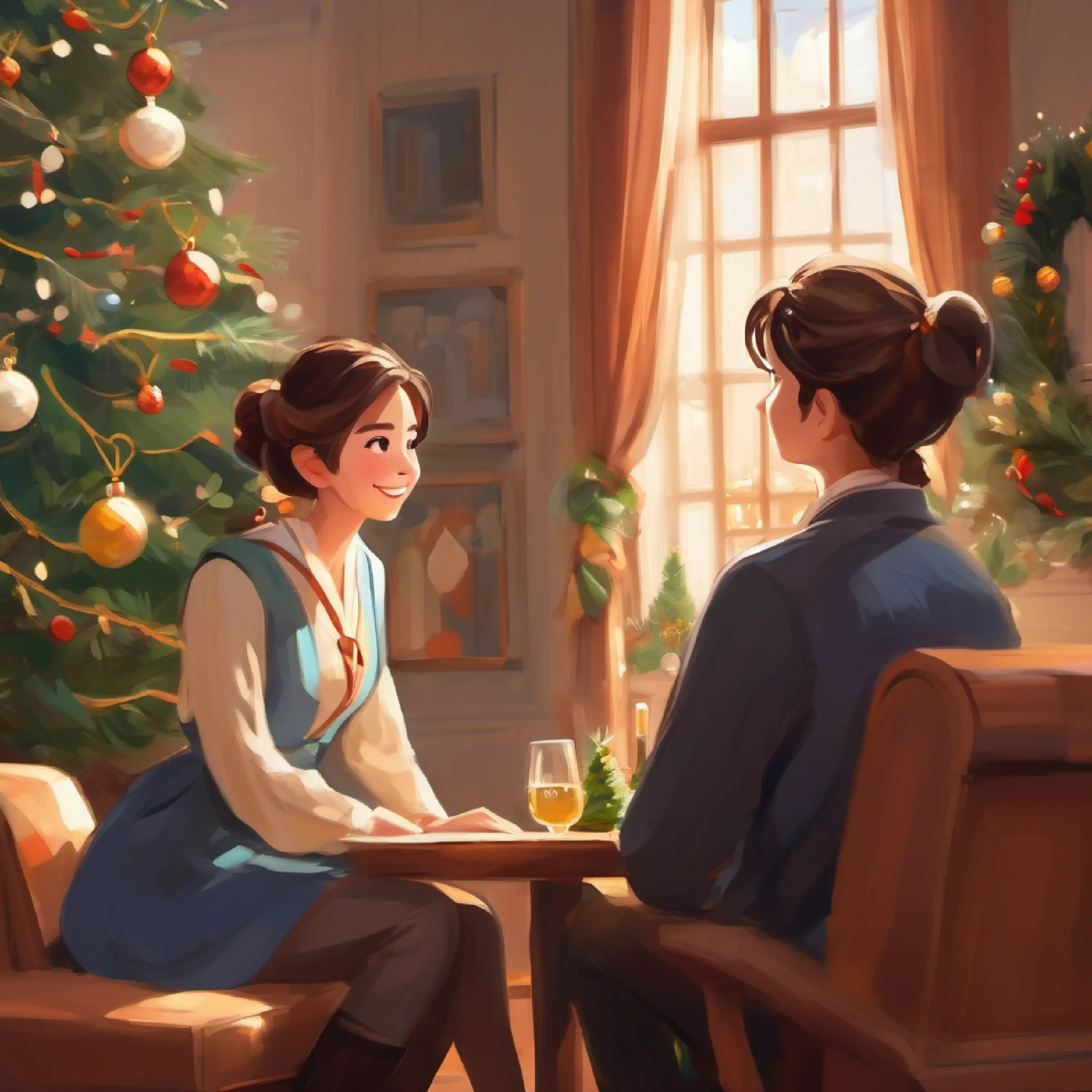 Reflective conversation with Warm smile, tender gaze, brown hair tied back, emotional growth.