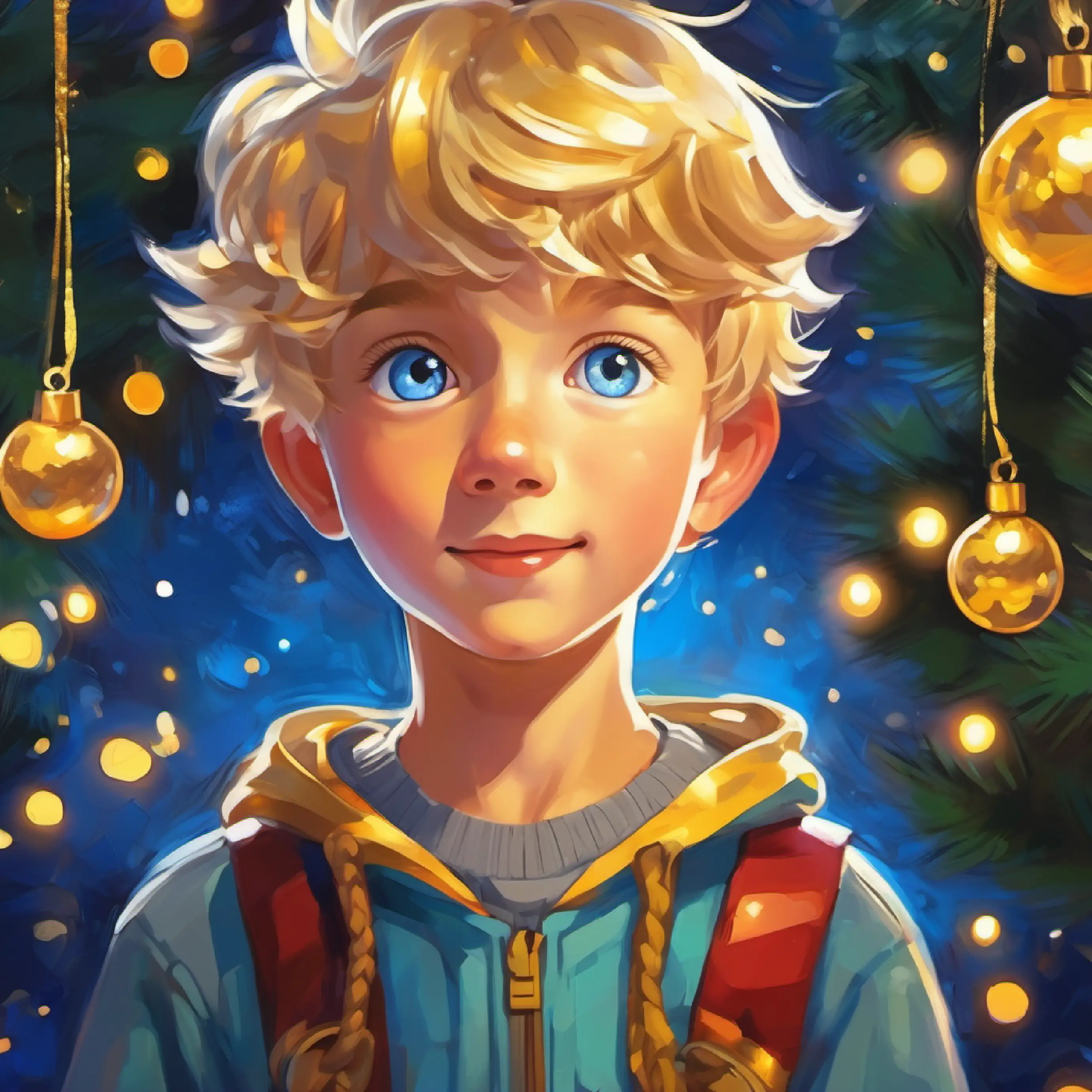 Bright-eyed, golden-haired boy, blue eyes, joyful reflecting before sleep, internal resolution forming.