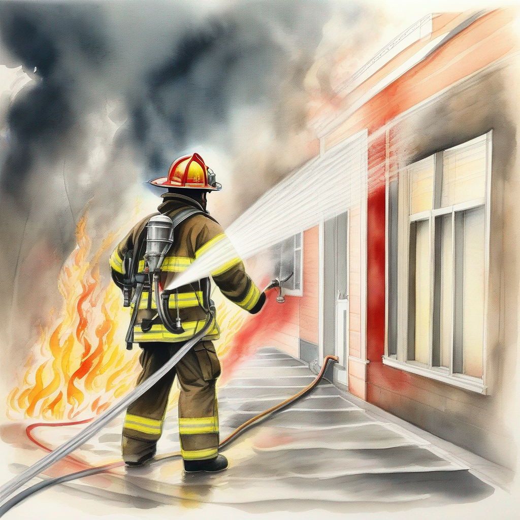 A firefighter using a long hose to spray water on the flames.