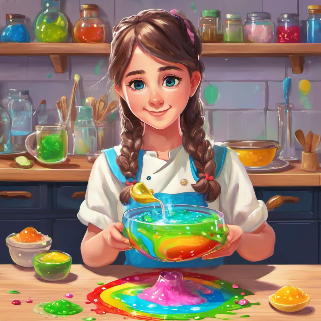 This time, Amelia decided to make her own modifications to the recipe. She added a little less liquid starch and mixed it more slowly. To her surprise, the slime began to thicken up! She added some glitter and rainbow colors, making it the most beautiful slime she had ever seen. Amelia couldn't contain her excitement anymore. She had finally done it! The feeling of accomplishment filled her heart, and she knew that she had overcome her frustration by not giving up.