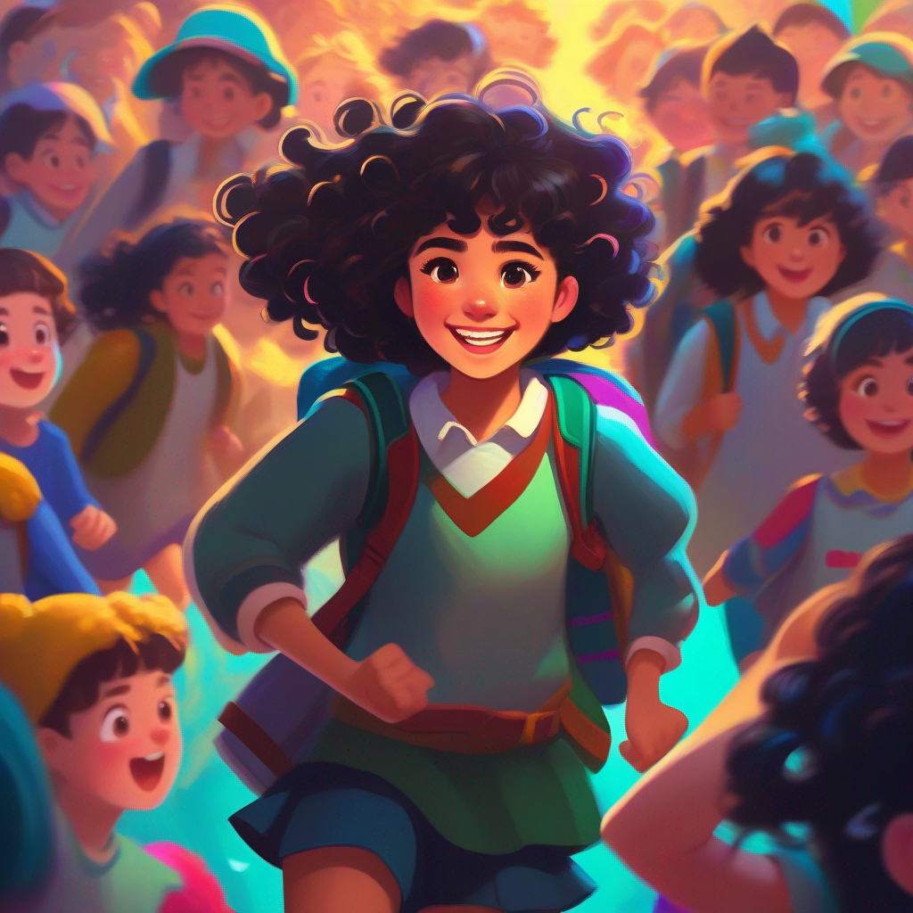 Illustrating A vibrant girl with curly dark hair and an infectious smile mustering her courage to approach her classmates