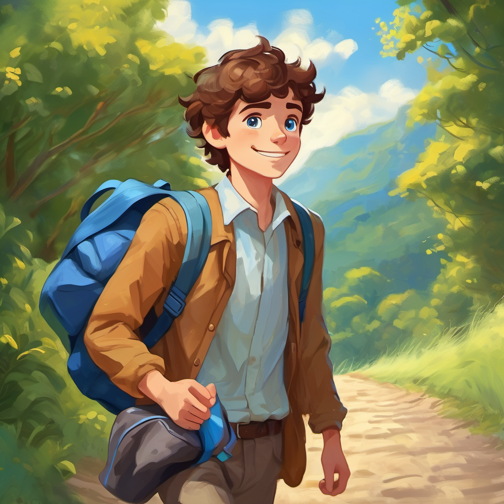 A young man with brown hair and sparkling blue eyes, always wearing a cheerful smile packing a small bag and walking towards the horizon with a determined look on his face