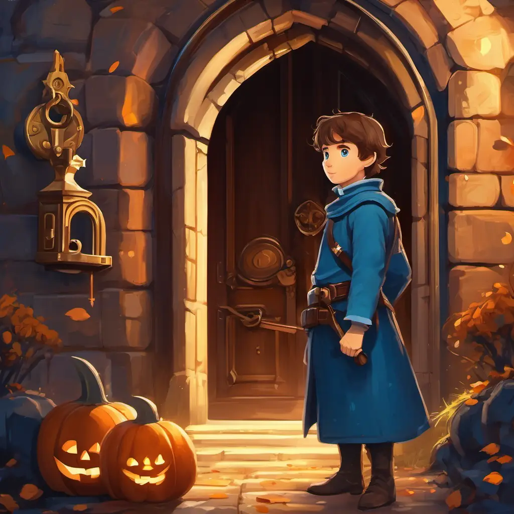 Young knight, brown hair, blue eyes standing in front of a magical lock with numbers on it
