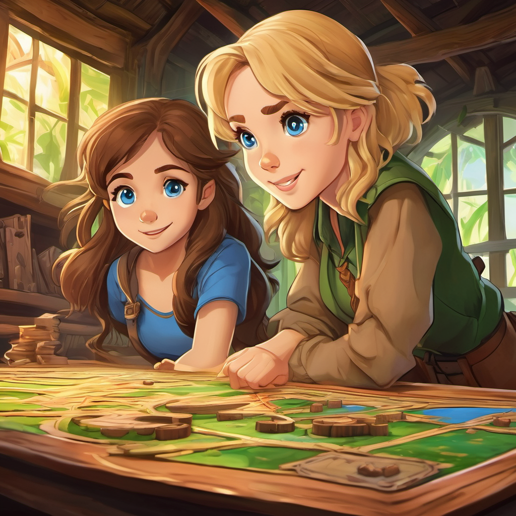 Brown hair, blue eyes, adventurous and Blonde hair, green eyes, clever inside the dusty attic, finding the Jumanji board game