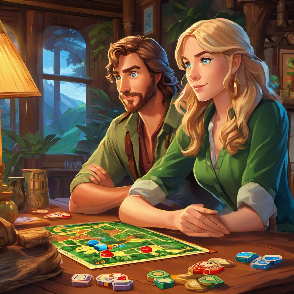 Brown hair, blue eyes, adventurous and Blonde hair, green eyes, clever sitting at a table, looking at the Jumanji board game