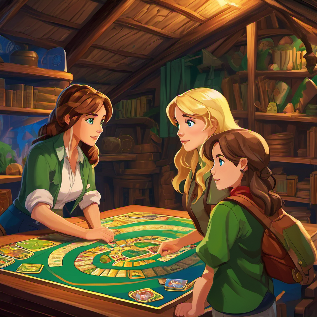Brown hair, blue eyes, adventurous and Blonde hair, green eyes, clever back in the attic, looking at the Jumanji board game