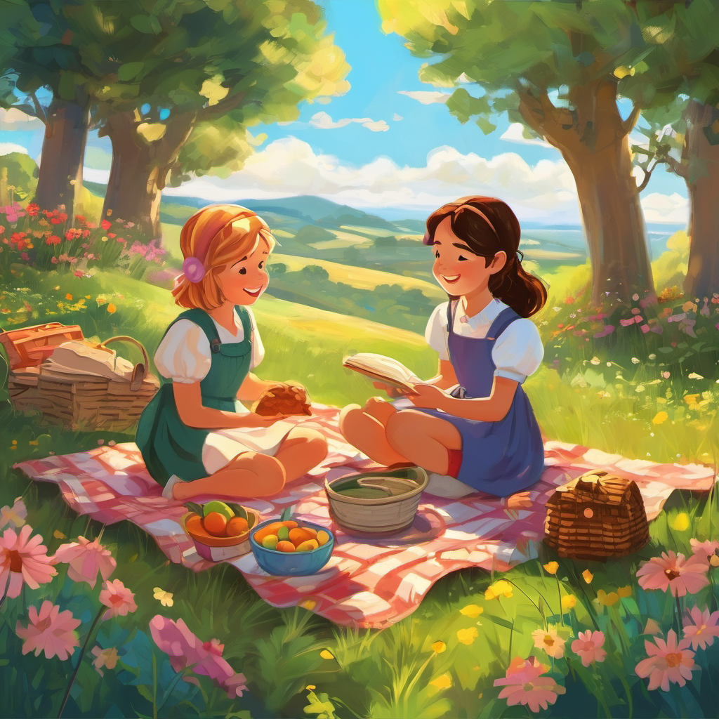 Once upon a time, in a magical land filled with laughter and adventure, there were two best friends named Anna and Sarah. They loved playing together and exploring the wonders of the world around them. One sunny afternoon, after playing for a while, Anna and Sarah decided it was time to take a break and have a picnic. They happily skipped through fields of vibrant flowers until they stumbled upon a cozy spot under a tall oak tree. It had a patchwork quilt spread out on the soft grass, perfect for their picnic adventure.