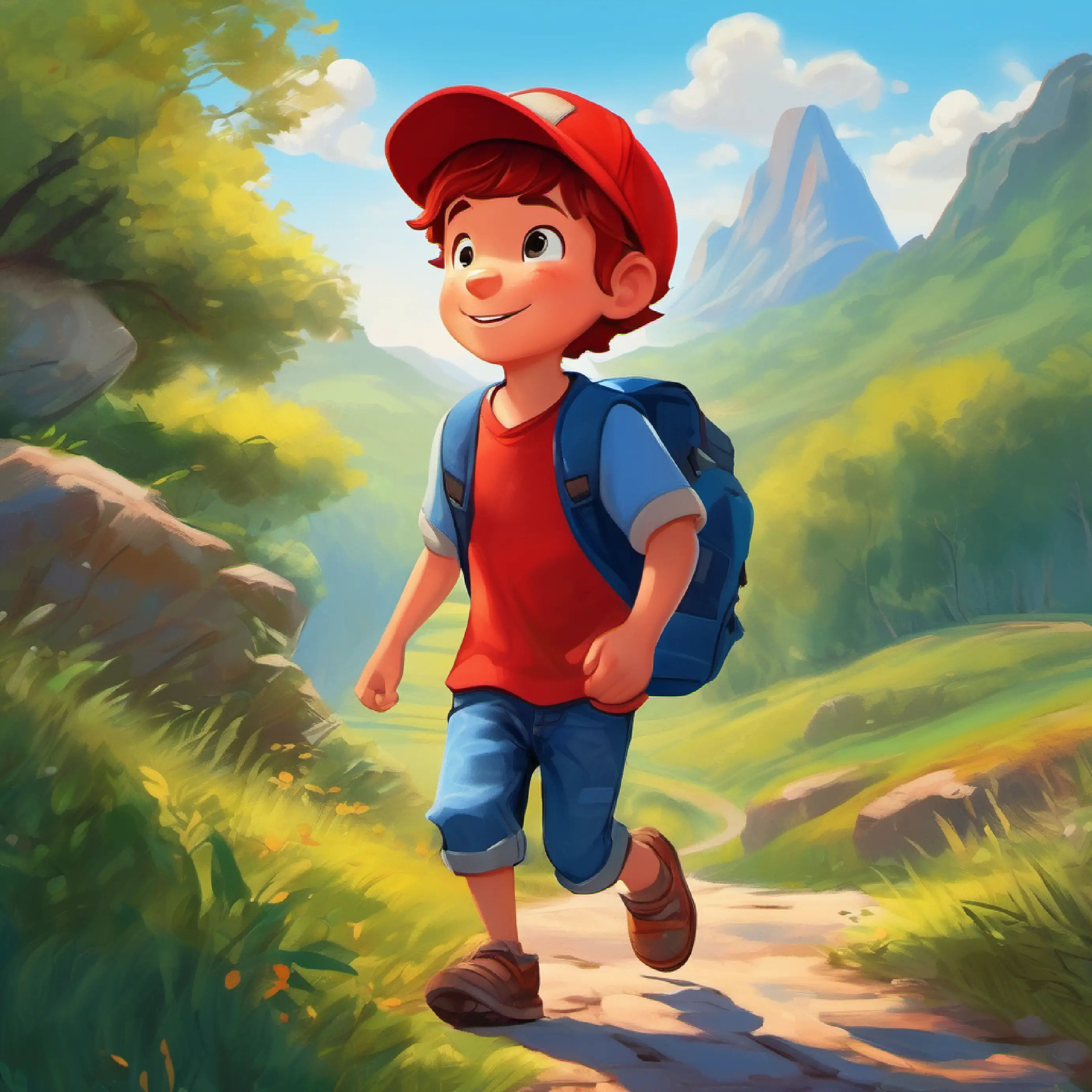 Brave boy, red cap, loves to explore, wears blue jeans sets out for an adventure, sunny morning, bright red cap