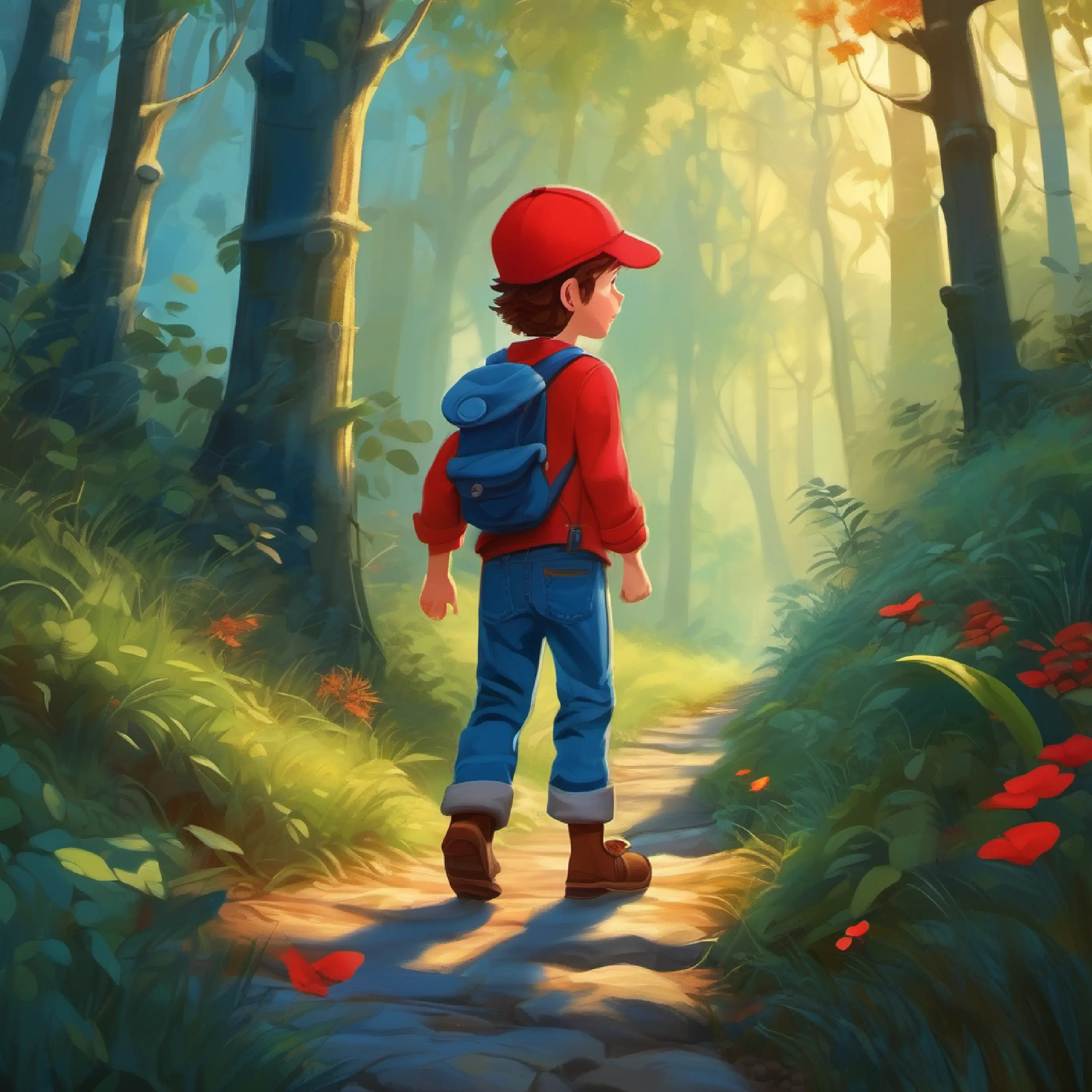 Brave boy, red cap, loves to explore, wears blue jeans enters the mysterious woods, sees footprints