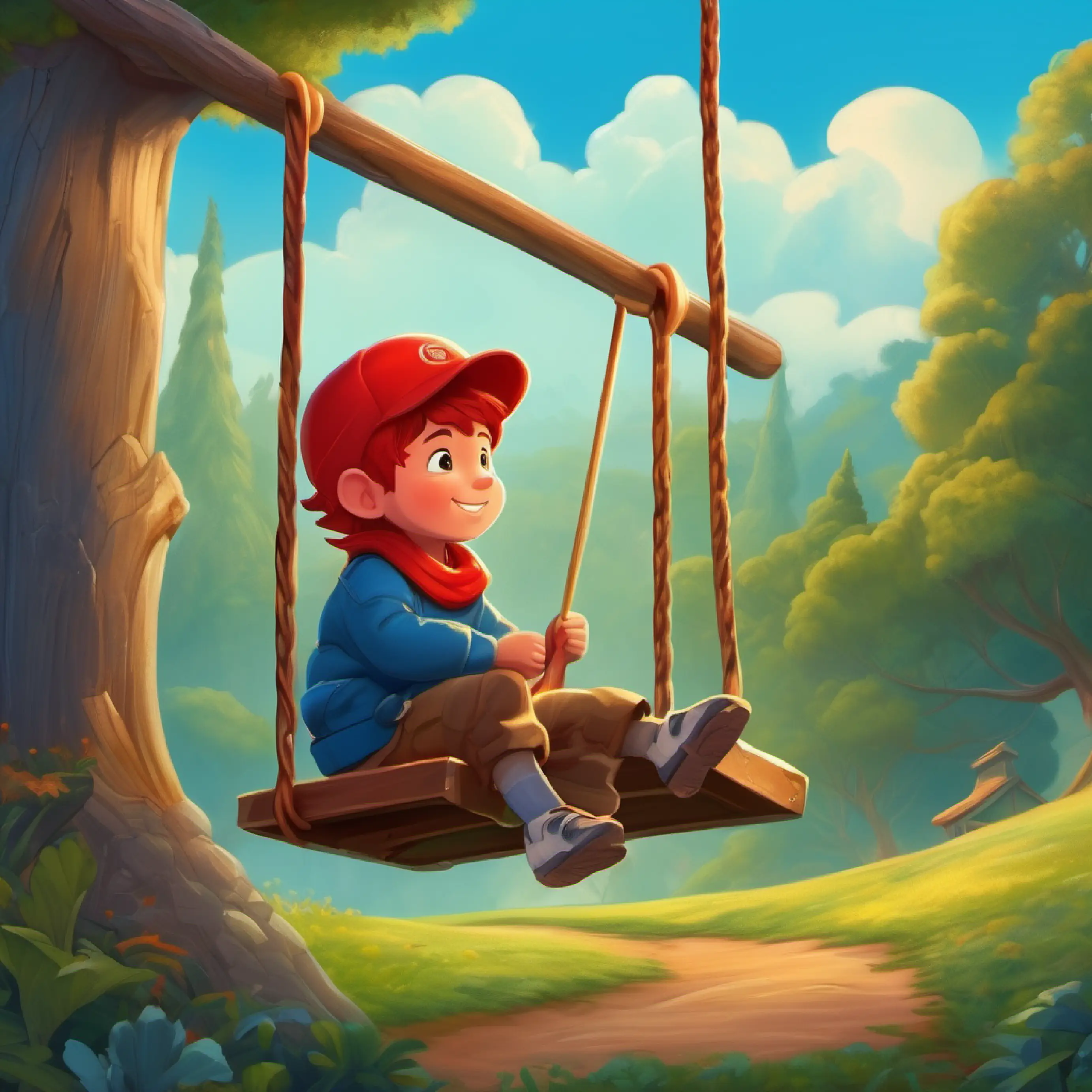 Brave boy, red cap, loves to explore, wears blue jeans finds a magical, self-swinging swing set