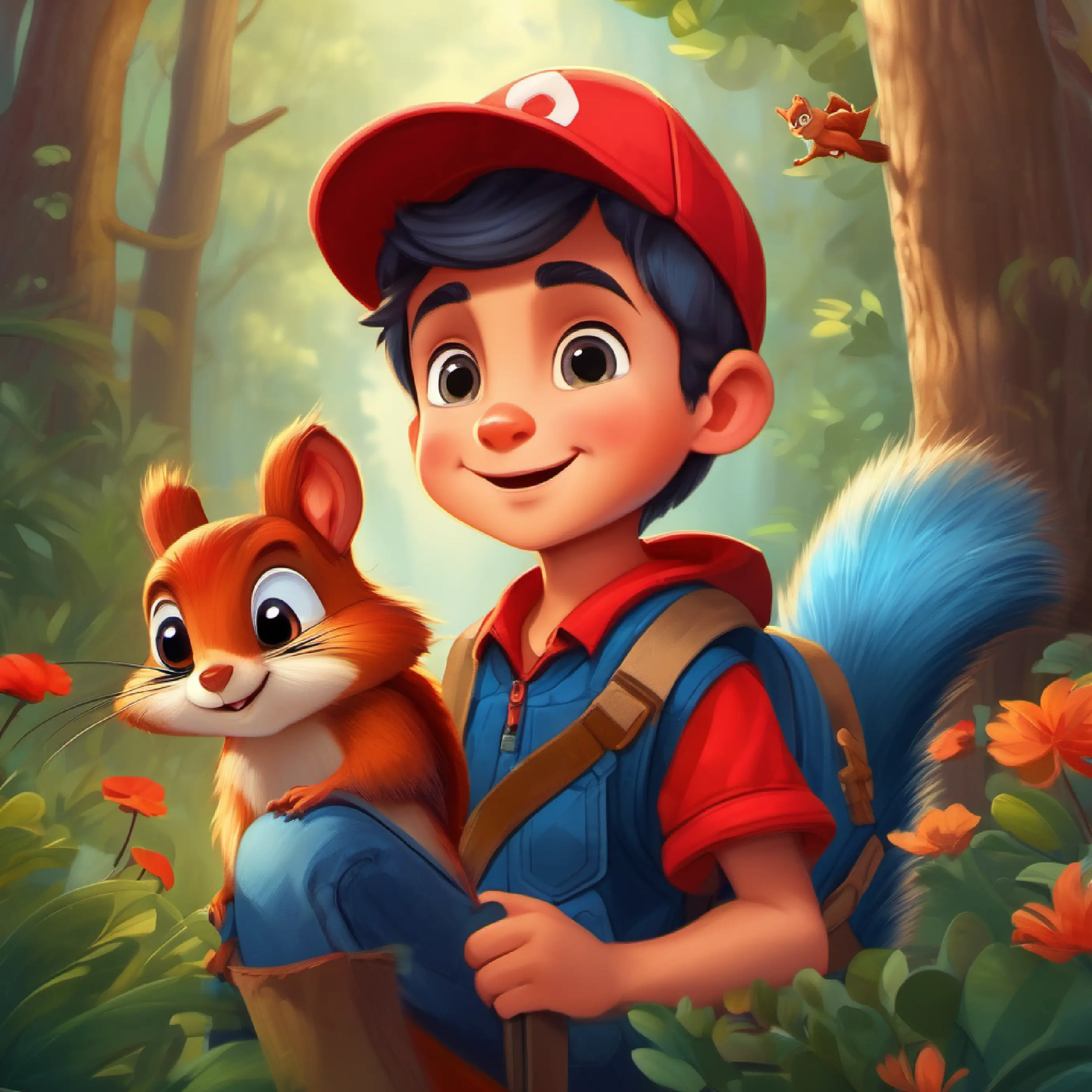 Brave boy, red cap, loves to explore, wears blue jeans meets a friendly squirrel named Friendly squirrel, big eyes, fluffy tail, likes giggling