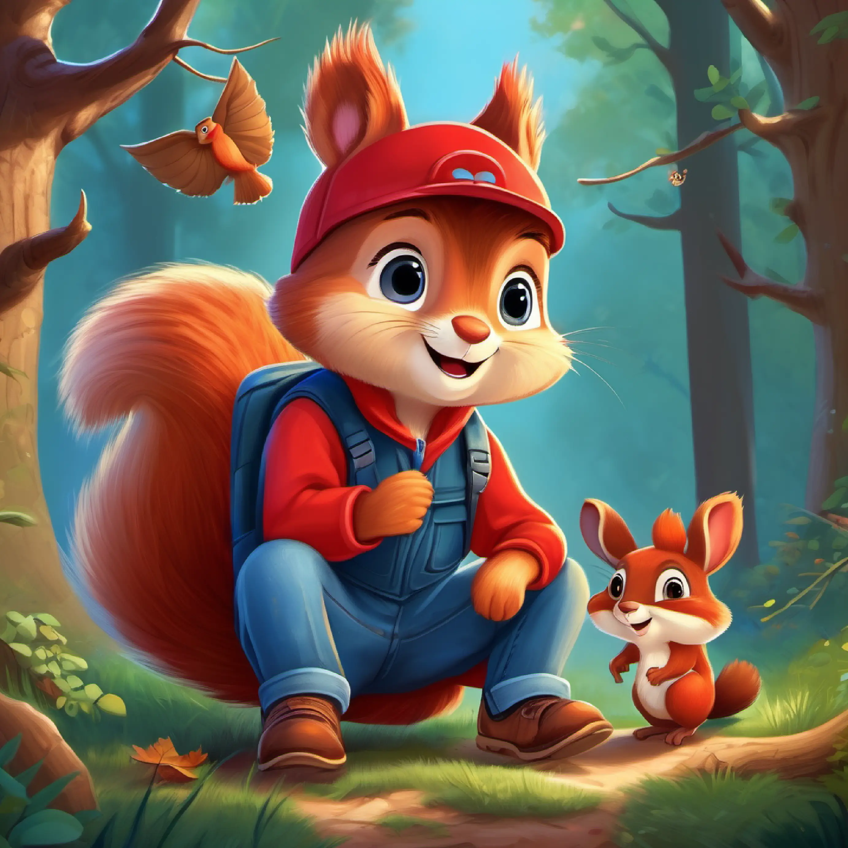 Brave boy, red cap, loves to explore, wears blue jeans, Friendly squirrel, big eyes, fluffy tail, likes giggling play games, call birds, woodland picnic