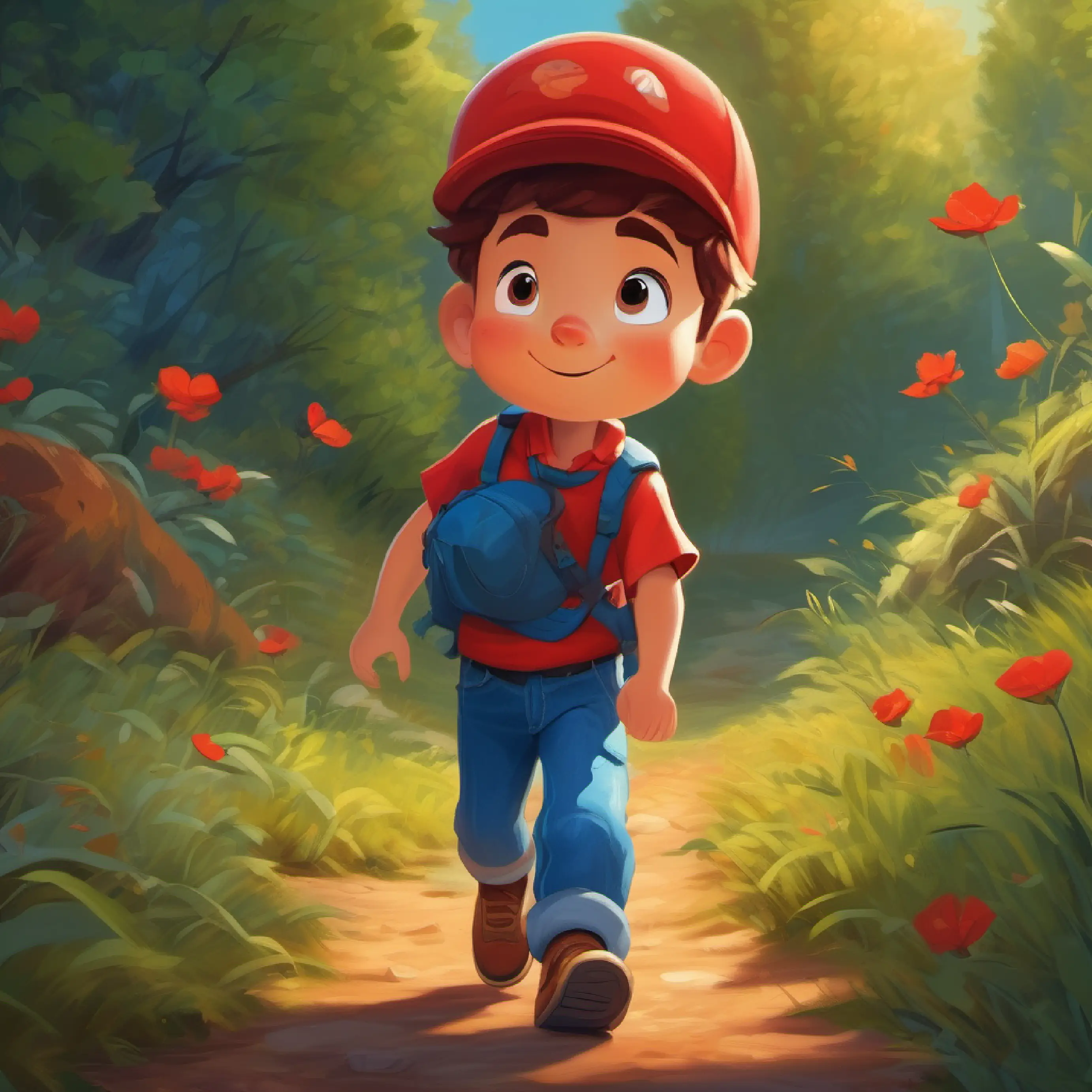 Brave boy, red cap, loves to explore, wears blue jeans returns home, dreams of next adventure