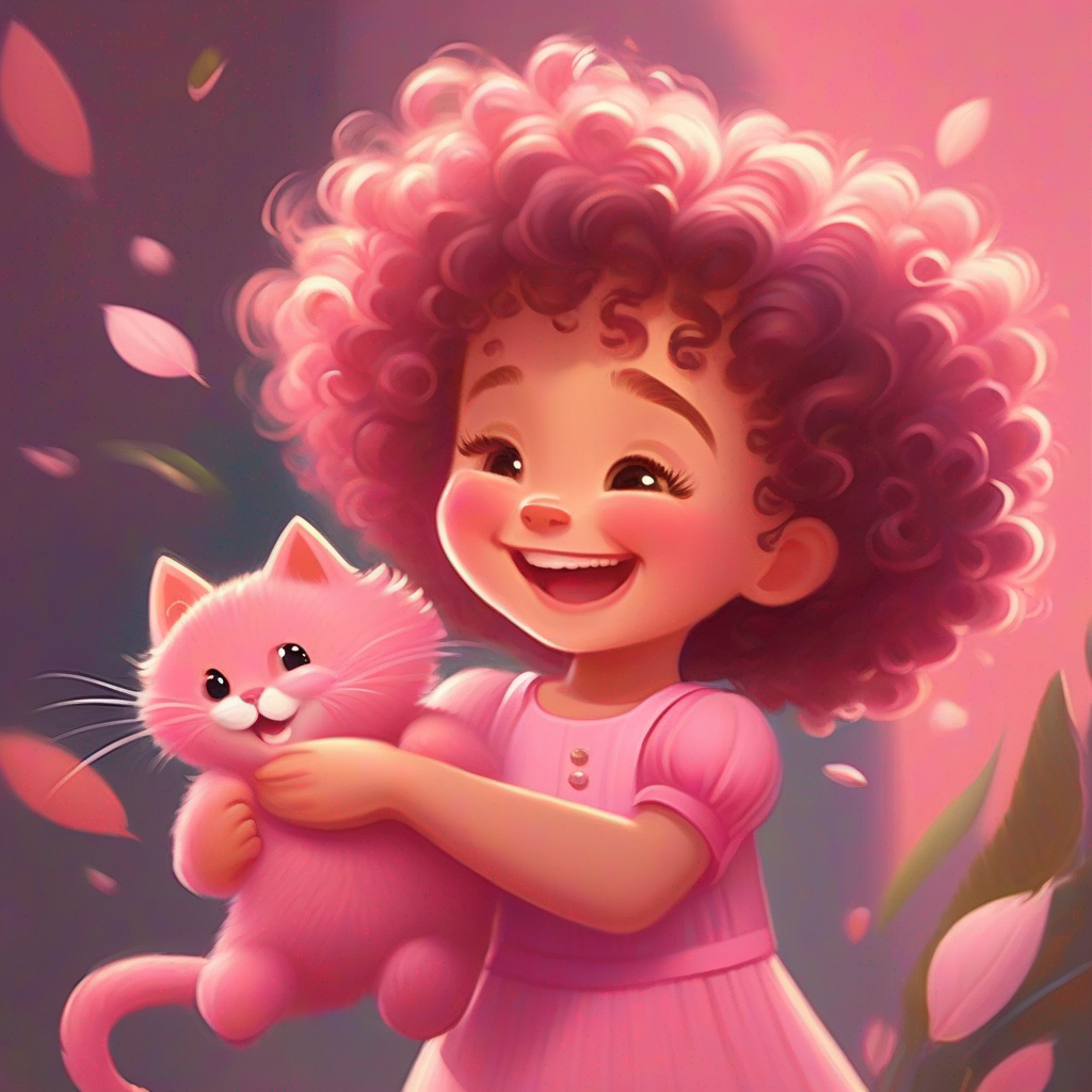 Cute girl with curly hair, pink dress, and a big smile. tickles cat's tummy, both giggle happily.