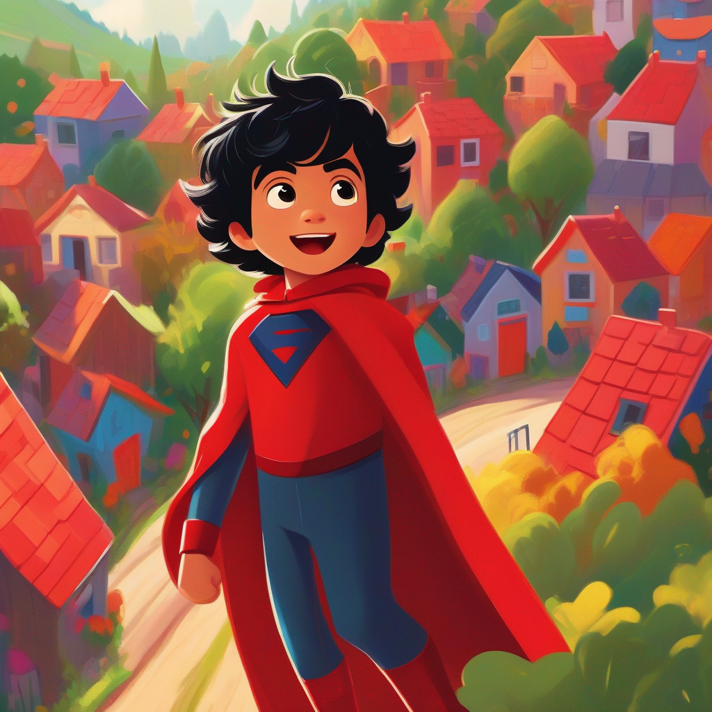 Aman is a little boy with messy black hair, wearing a red superhero cape looking excited, surrounded by colorful houses and trees
