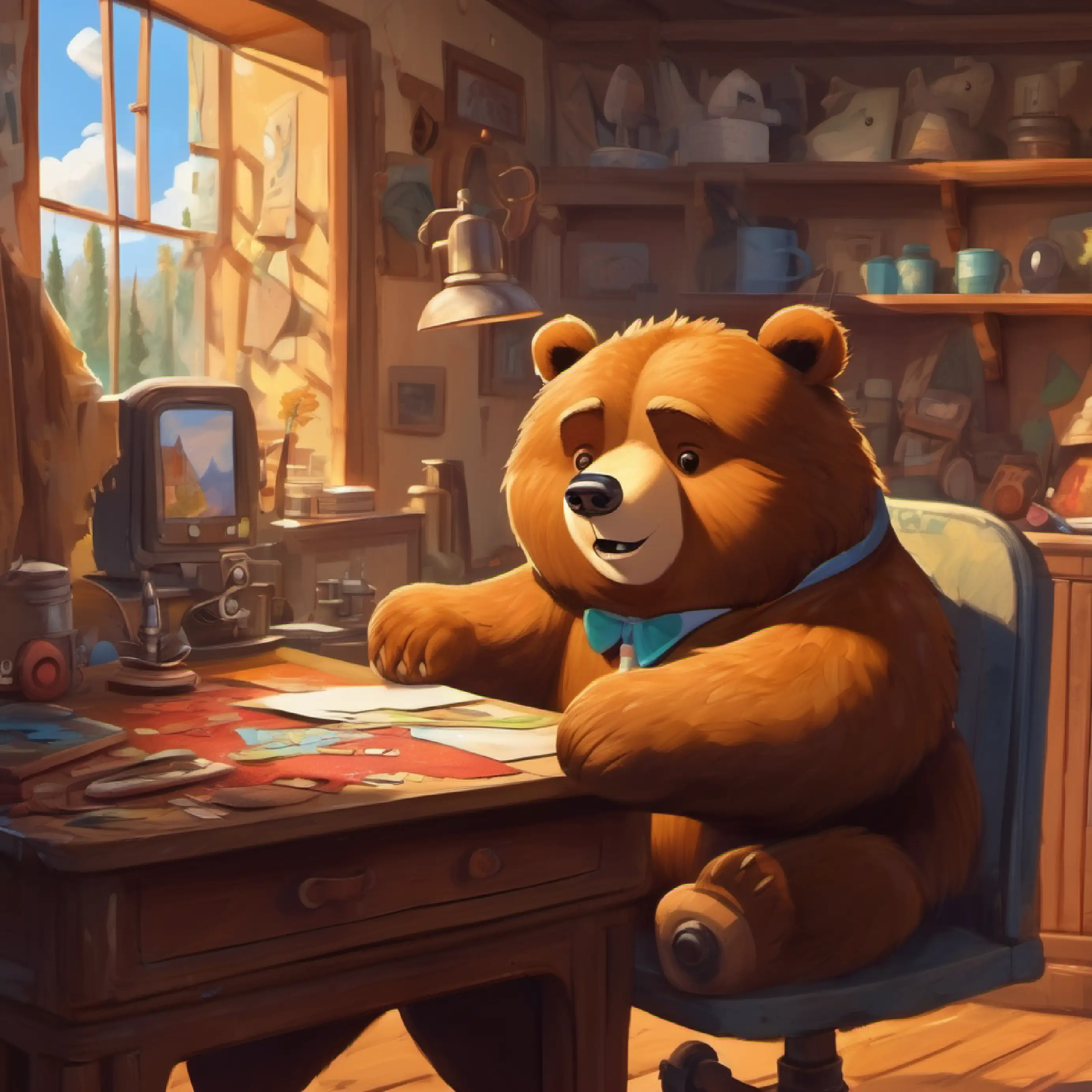 A big, friendly bear with soft brown fur and a puzzled look's suit is ruined, Timmy blames his scissors and sewing machine.