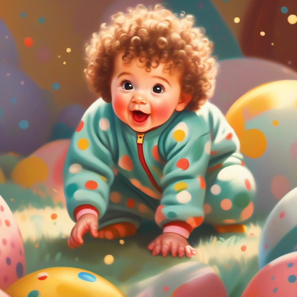 Baby Curly-haired baby with rosy cheeks, wearing a polka-dot onesie crawling with excitement, touching and discovering objects