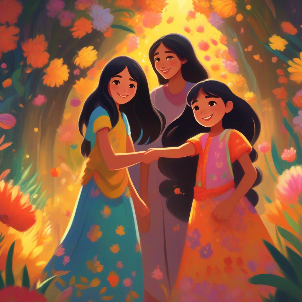 Birsha and A girl with long black hair, wearing colorful dresses, radiating kindness holding hands, surrounded by a warm and cheerful ambiance
