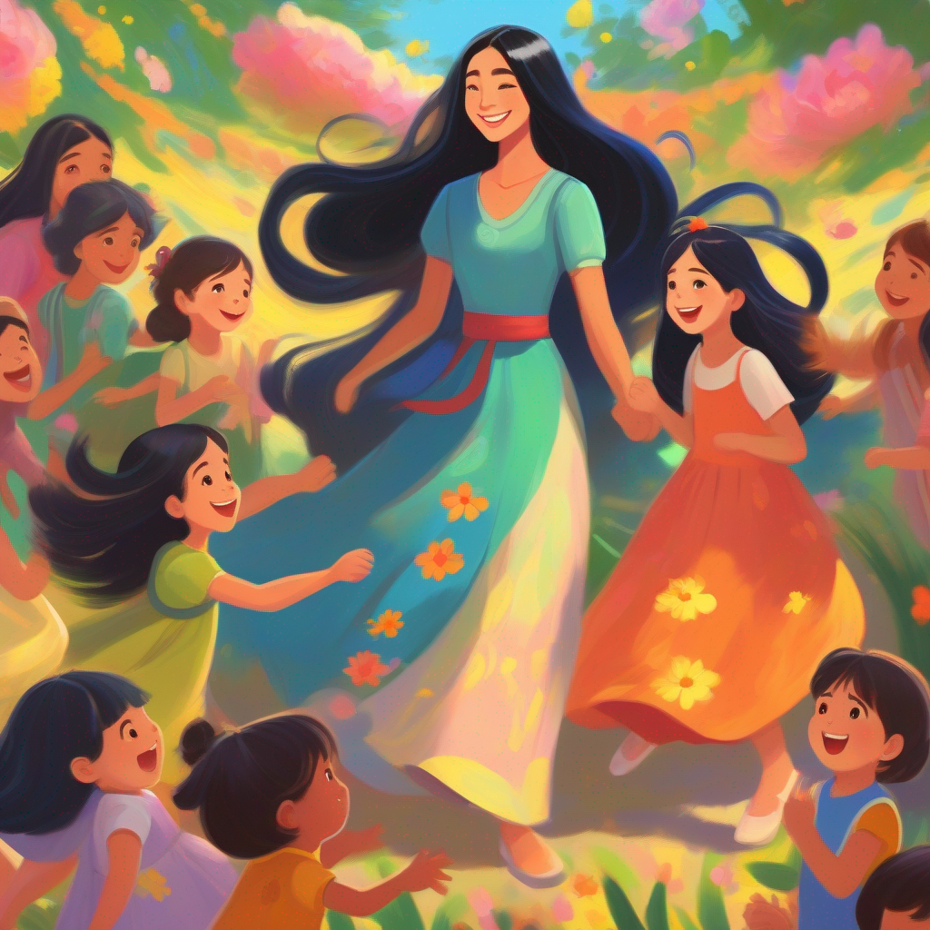 Birsha, A girl with long black hair, wearing colorful dresses, radiating kindness, and their children playing and laughing, surrounded by love and warmth