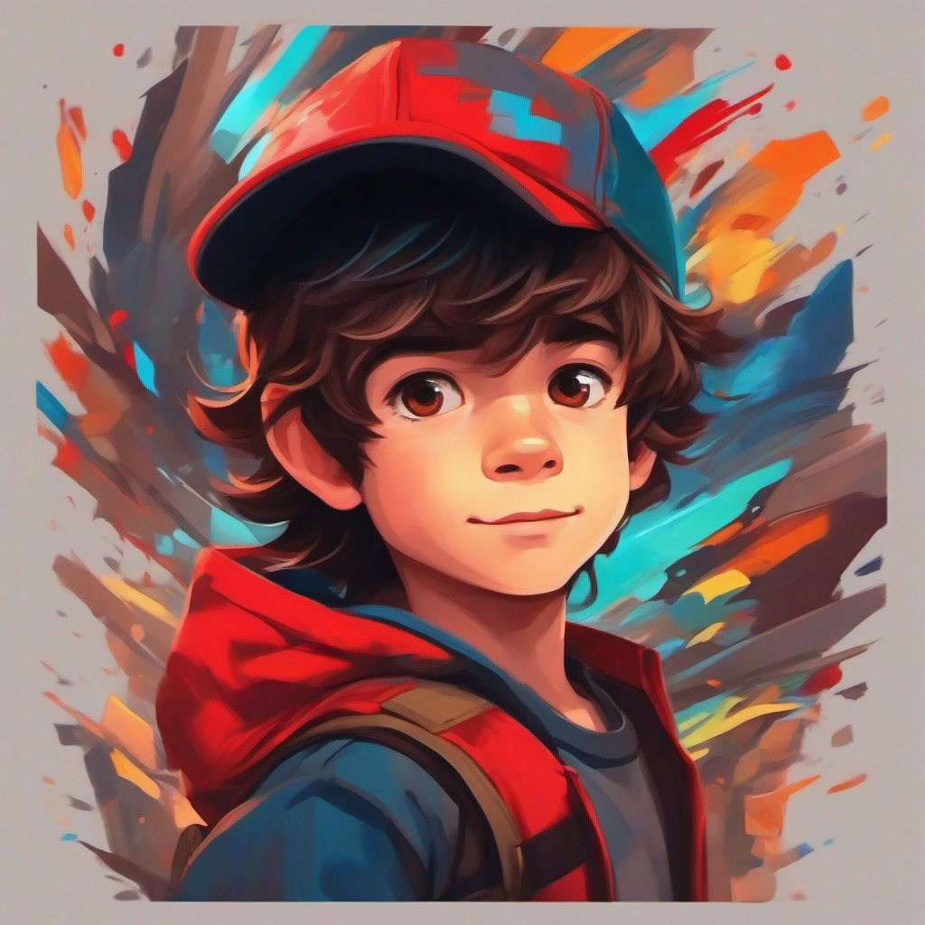 Energetic boy with messy brown hair and a red cap experimenting with different folding techniques, vibrant colors