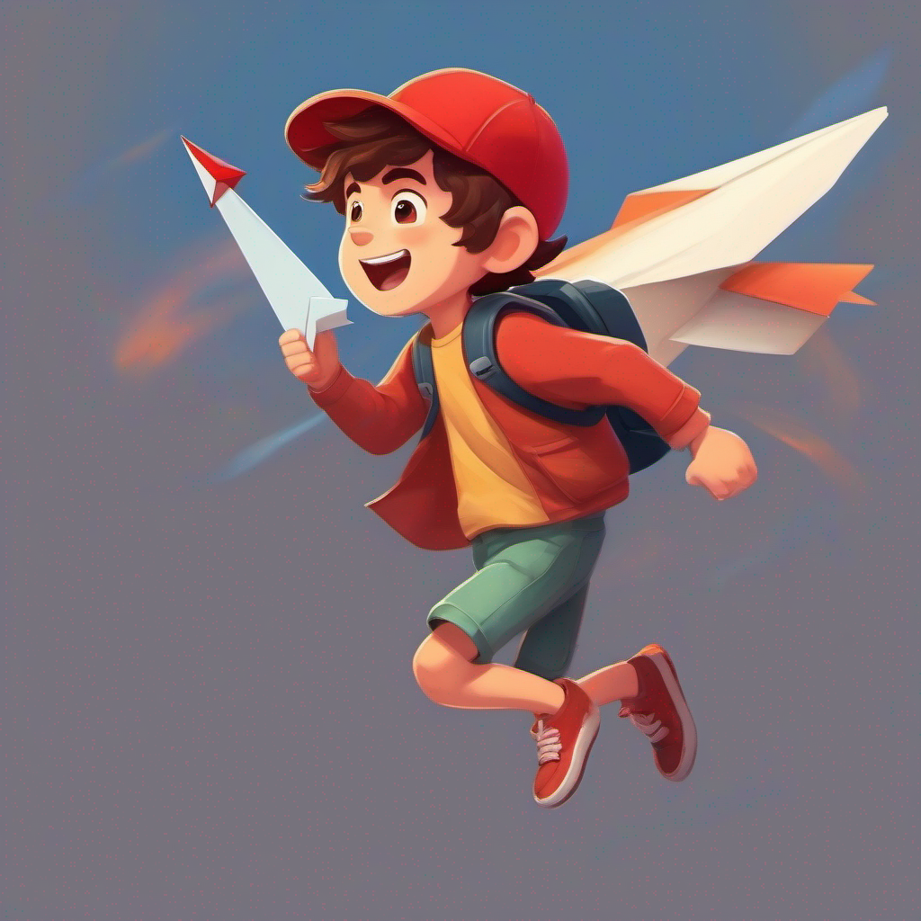 Energetic boy with messy brown hair and a red cap flying his perfect paper plane, cheerful and proud