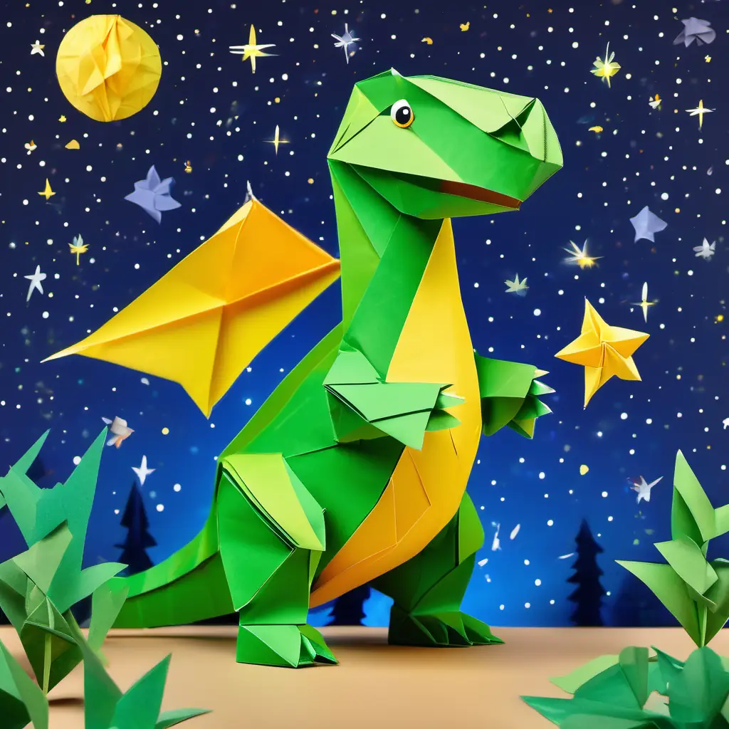 Friendly dinosaur, green with yellow spots, big bright eyes standing outside under a twinkling night sky, gazing up at the stars and holding a toy spaceship in his hand.