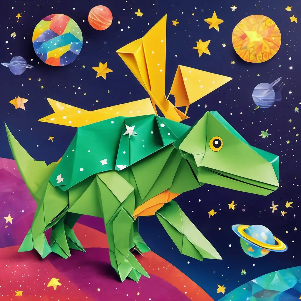 Friendly dinosaur, green with yellow spots, big bright eyes in a colorful spaceship, flying through space surrounded by shiny stars and planets.