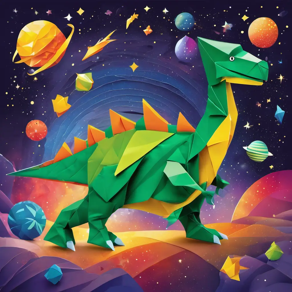 Friendly dinosaur, green with yellow spots, big bright eyes floating in space, waving at colorful planets and comets zipping by.