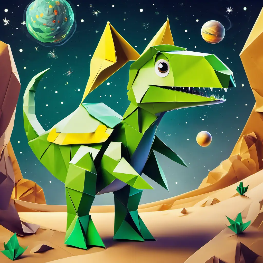 Friendly dinosaur, green with yellow spots, big bright eyes looking worried as the spaceship's engine sputters and stops in the middle of space, with planets in the background.