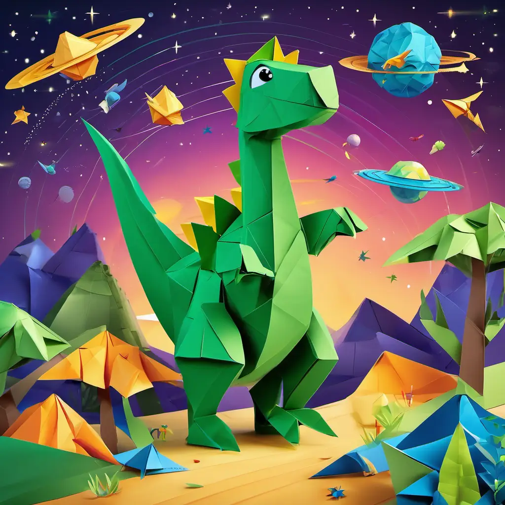 Friendly dinosaur, green with yellow spots, big bright eyes and his friends working together to fix the spaceship, with planets and stars in the background, and then finally landing back on their home planet.