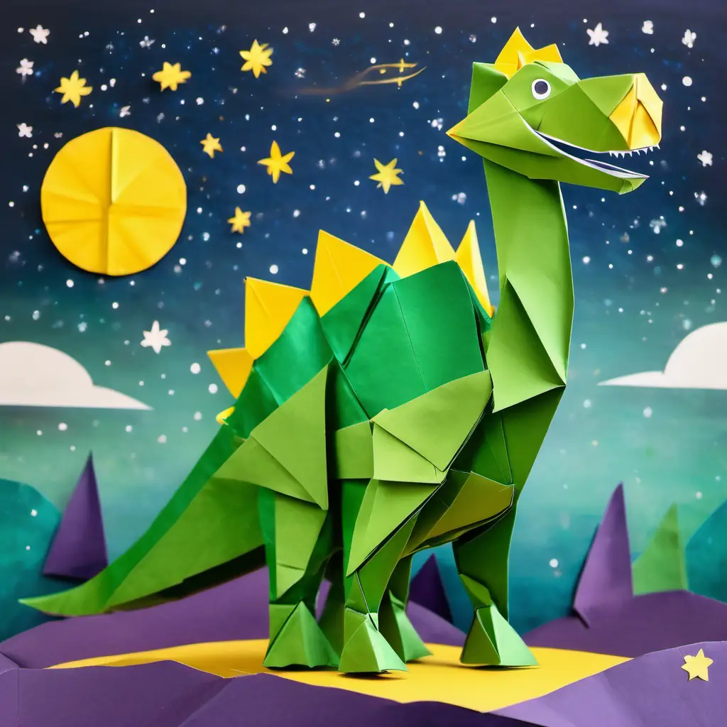 Friendly dinosaur, green with yellow spots, big bright eyes standing on his home planet, looking up at the starry sky with a big smile on his face.