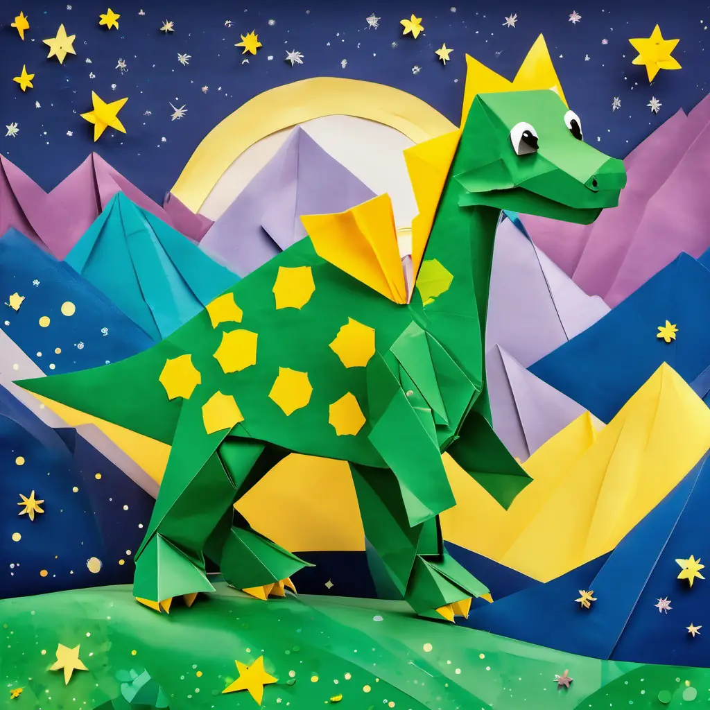Friendly dinosaur, green with yellow spots, big bright eyes waving goodbye to the readers with a big smile on his face, surrounded by a starry sky.