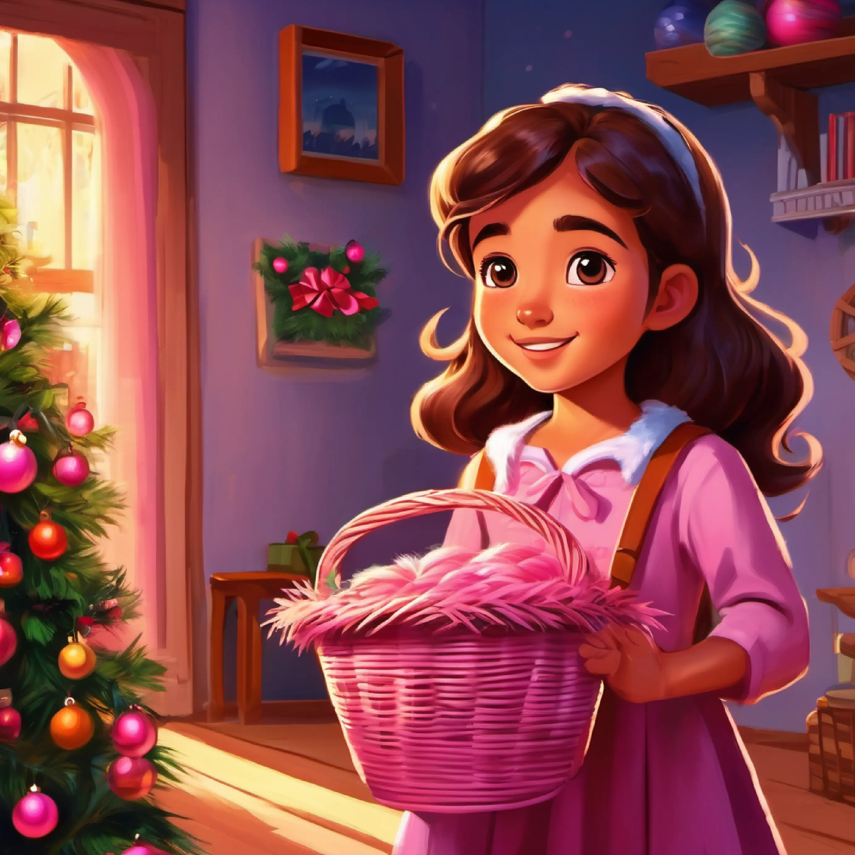 A spirited, curious girl with brown eyes and tanned skin eager for adventures discovers a mysterious pink basket, at her home in Sunnyville.