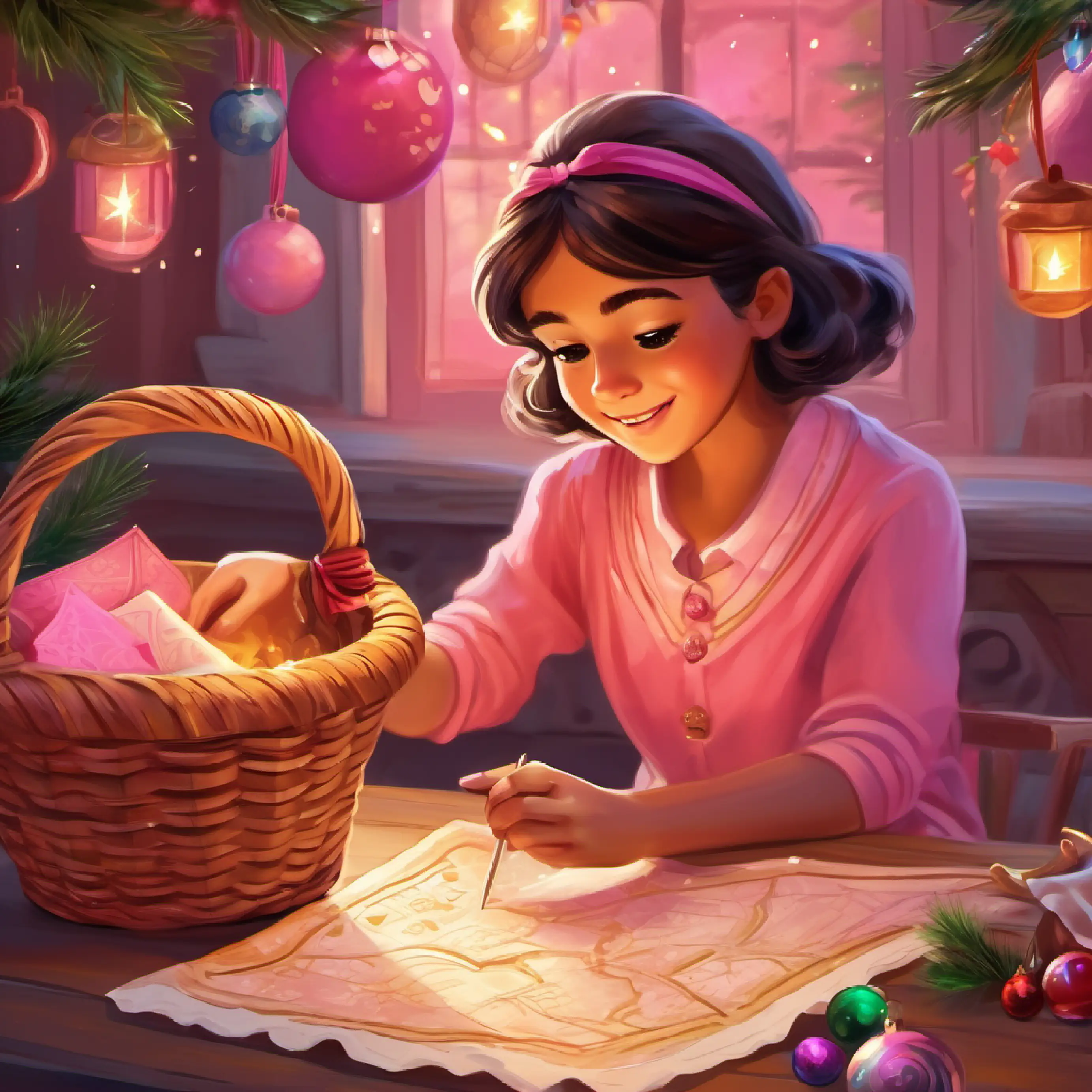 A spirited, curious girl with brown eyes and tanned skin eager for adventures uncovers a treasure map and enticing note in the pink basket.