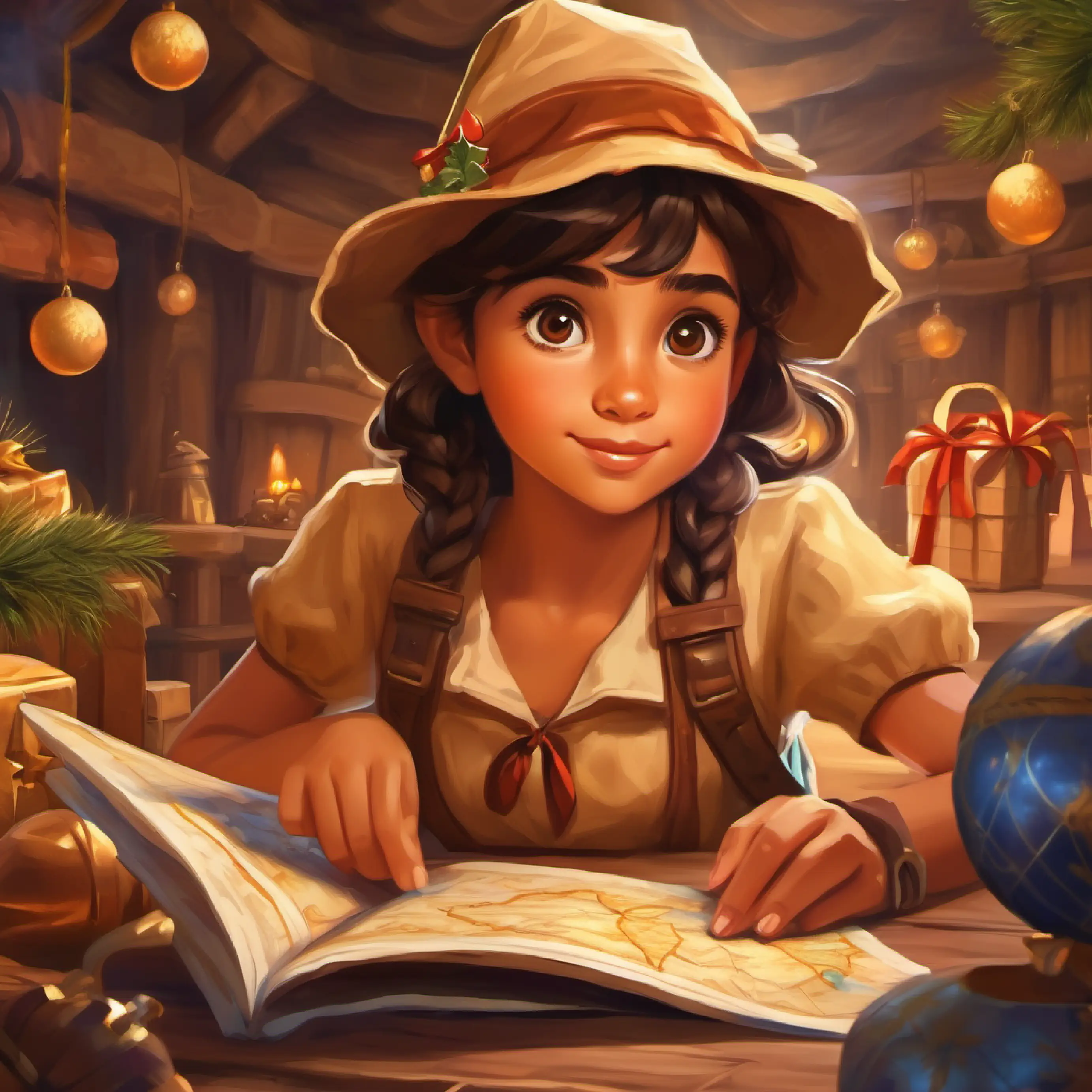 A spirited, curious girl with brown eyes and tanned skin eager for adventures begins her quest for treasure, map in hand and full of determination.