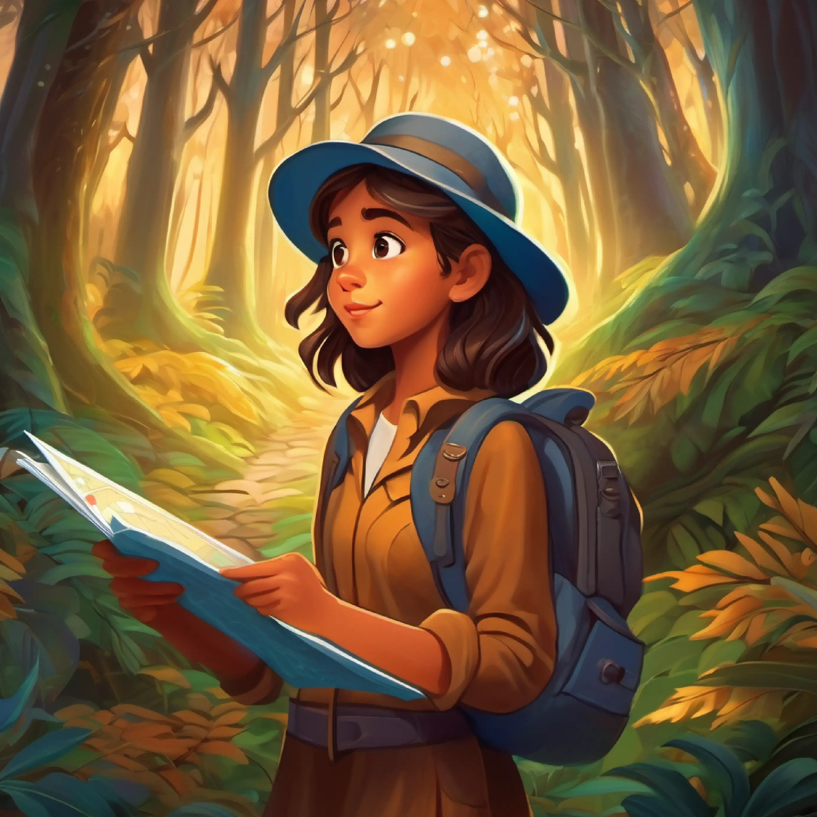 A spirited, curious girl with brown eyes and tanned skin eager for adventures follows the map into the mysterious but enchanting Whispering Woods.