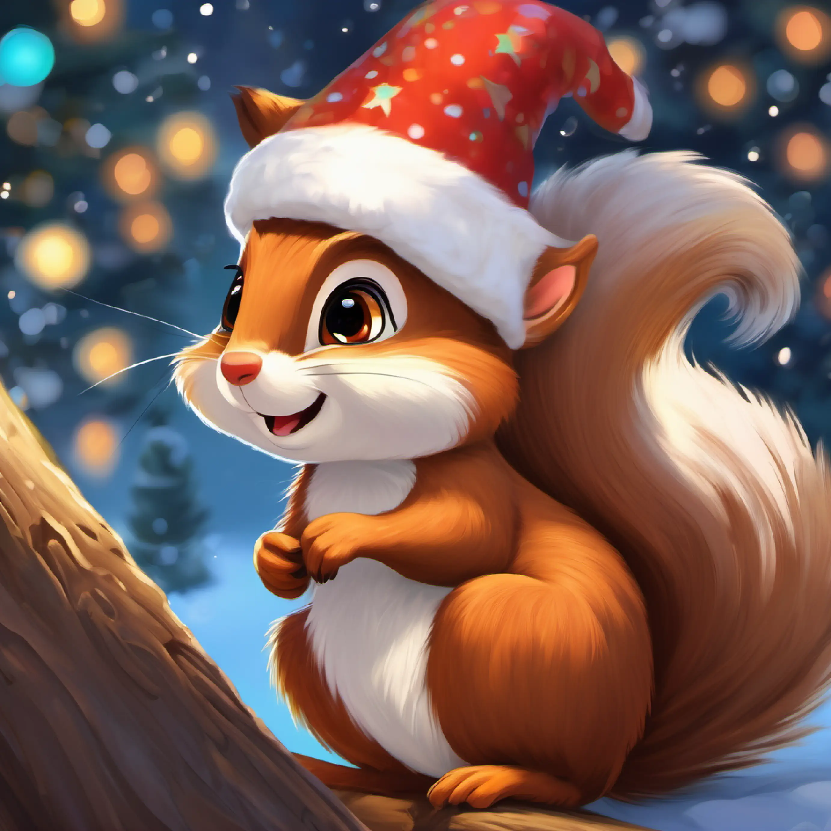 Chatty, clever squirrel with bushy tail, bright eyes, and a knack for riddles the talking squirrel joins A spirited, curious girl with brown eyes and tanned skin eager for adventures, adding a twist to her adventure.