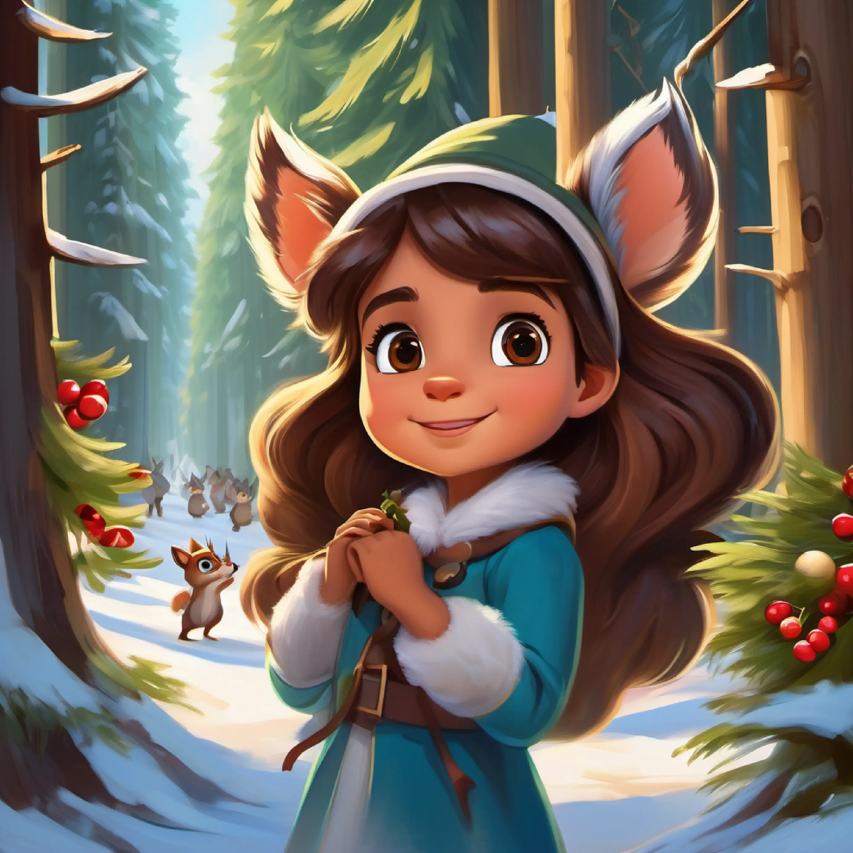 Wisdom of the Whispering Woods guides A spirited, curious girl with brown eyes and tanned skin eager for adventures, with Chatty, clever squirrel with bushy tail, bright eyes, and a knack for riddles interpreting.