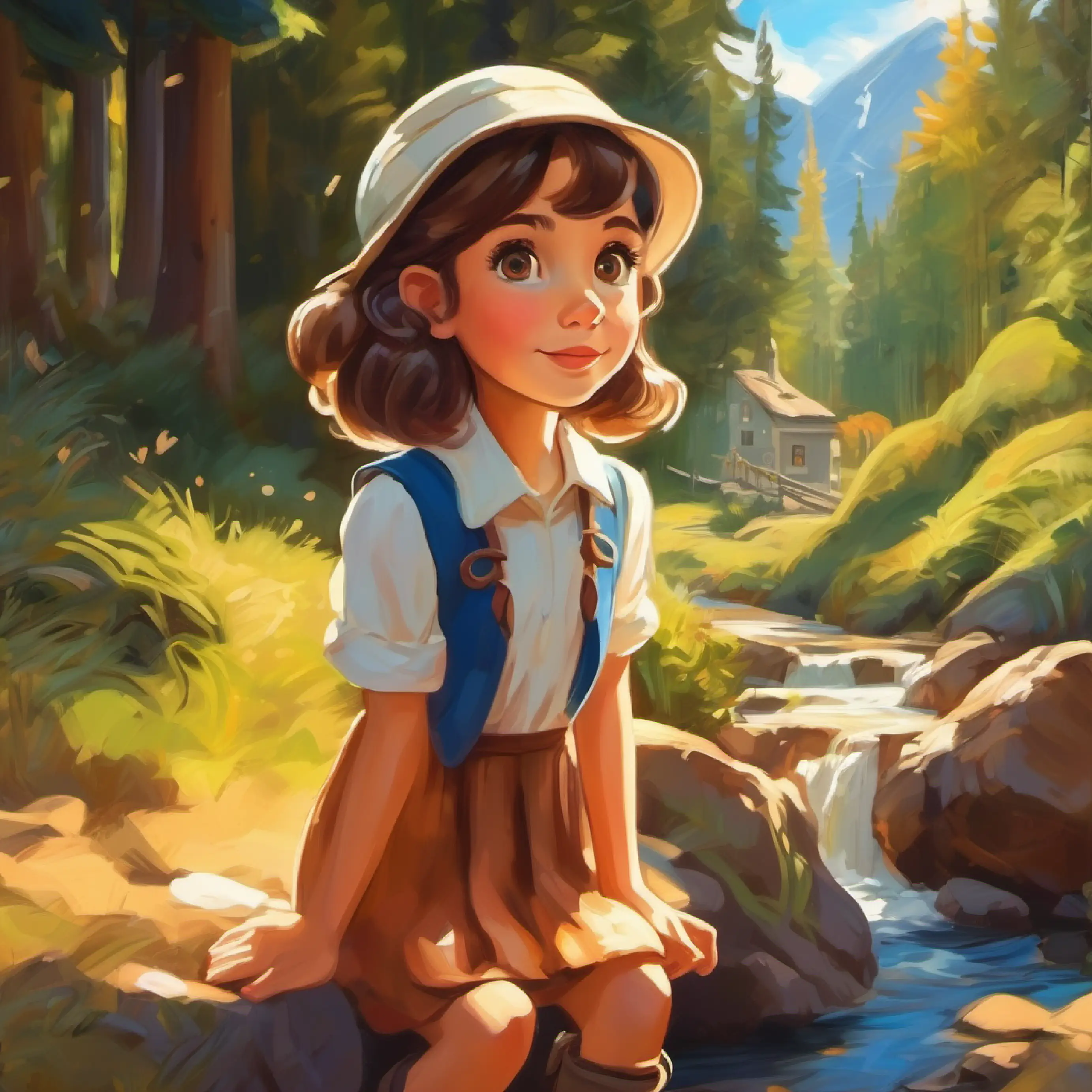 A sunlit clue by a stream steers A spirited, curious girl with brown eyes and tanned skin eager for adventures closer to her goal.