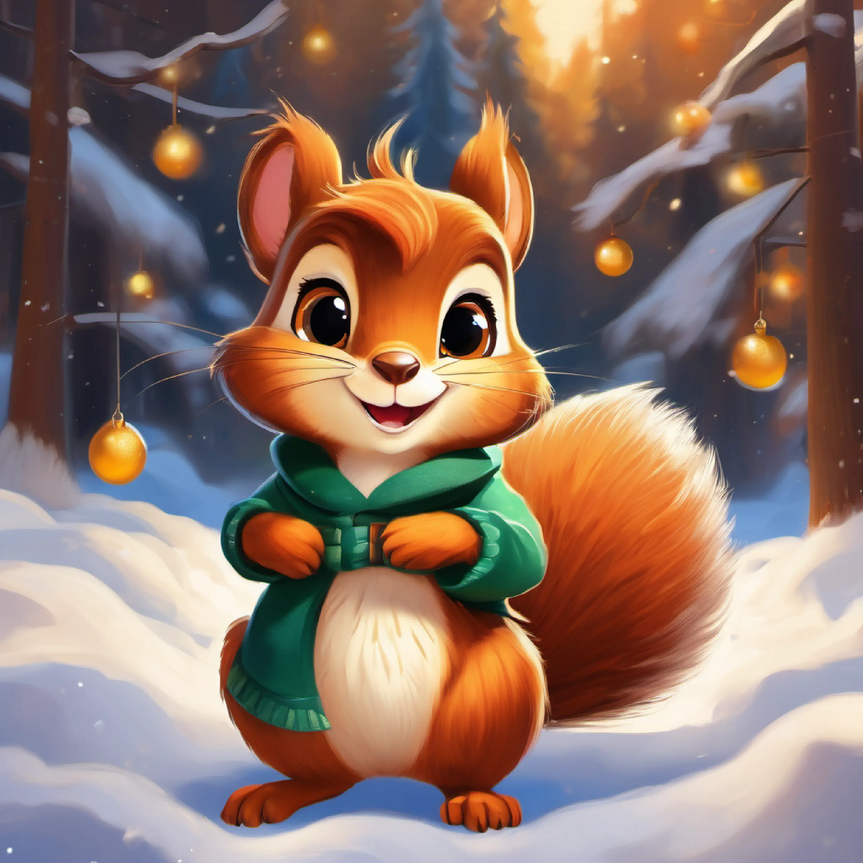 Chatty, clever squirrel with bushy tail, bright eyes, and a knack for riddles rejoices at A spirited, curious girl with brown eyes and tanned skin eager for adventures's intelligence, sharing a moment of joy.